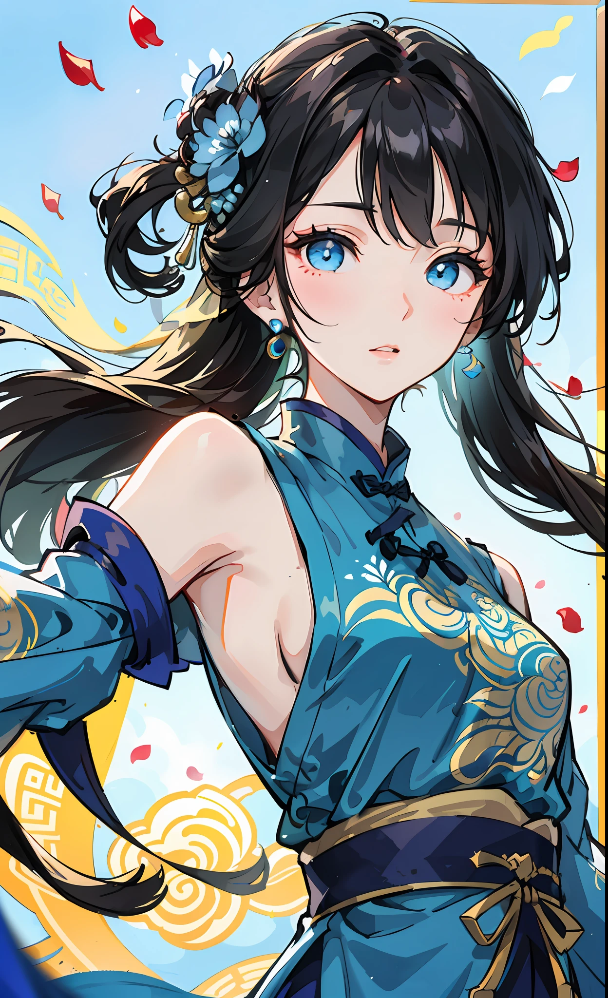 Mature girl, blue eyes, black hair, floating hair, fair skin, cute, delicate and flexible eyes, intricate peacock-themed damask Hanfu, gorgeous accessories, FOV, f/1.8, masterpiece, ancient Chinese architecture, blue sky, flower petals flying, front portrait lens, side lighting, sunlight on people, 8K mouth veil,