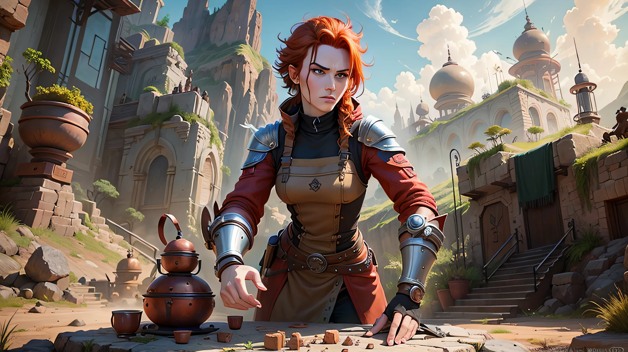 A protagonista Aloy em destaque, in a stunning and immersive setting of the world of Horizon. Specific details include Aloy in a heroic pose, her characteristic red-haired braids in the wind, your bow and arrows ready for action, e seu traje tribal distintivo. The scenery is a lush landscape, com florestas verdejantes, majestic mountains and ancient ruins. The atmosphere is mysterious and full of possibilities. The image will be executed in illustrative style, com detalhes impressionantes e paleta de cores rica, capturing the essence of the game's adventure and action. --ar 16:9 --v 5 --auto