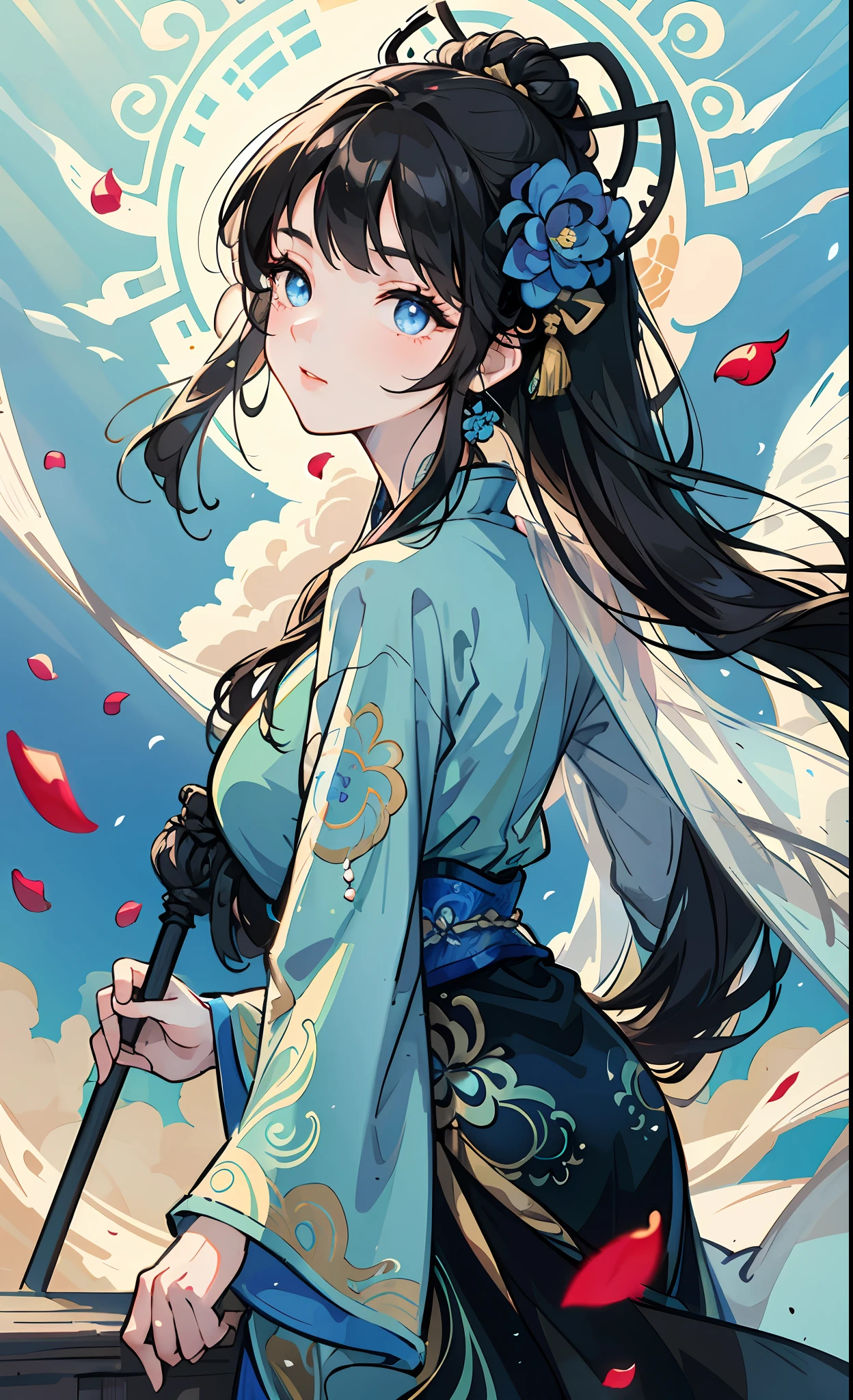 Mature girl, blue eyes, black hair, floating hair, fair skin, cute, delicate and flexible eyes, intricate peacock-themed damask Hanfu, gorgeous accessories, FOV, f/1.8, masterpiece, ancient Chinese architecture, blue sky, flower petals flying, front portrait lens, side lighting, sunlight on people, 8K mouth veil,
