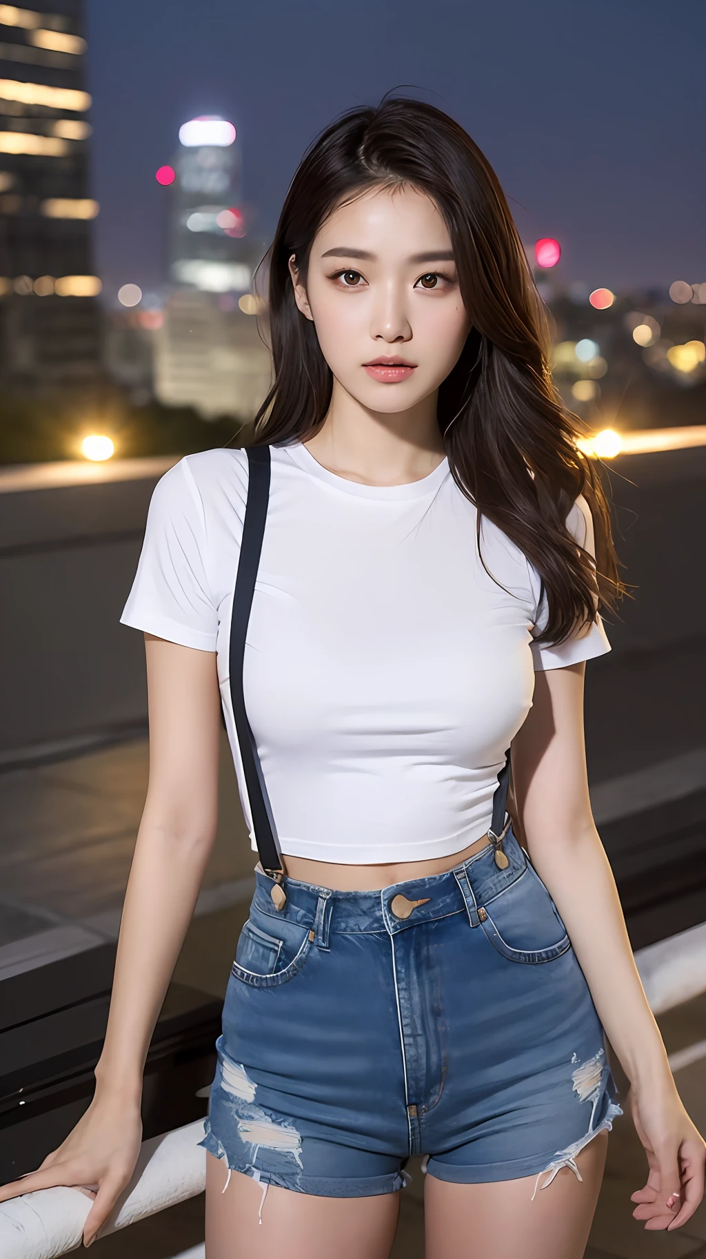 ((midynight, need, 8K, masterpaintings:1.3)), Whole human body, Long legs, Focalors:1.2, perfect figure beautiful woman:1.4, Slim abs:1.1, ((Dark brown hair, Large big tits:1.2 )), (Pink skinny T-shirt, Denim suspenders, to stand:1.2), ((city night scene, roof top:1.3)), Highly detailed facial and skin texture, detailed eye, 双眼皮