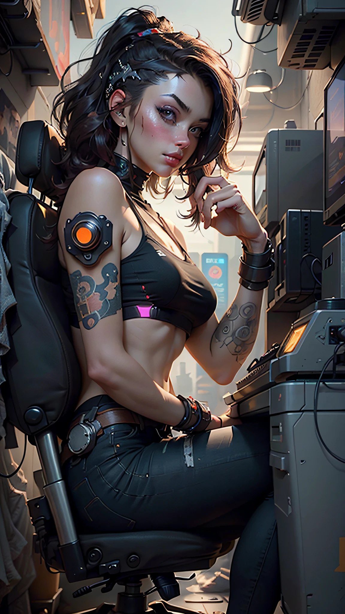 ((Best quality)), ((masterpiece)), (highly detailed:1.3), 3D, beautiful (cyberpunk:1.3) female hacker with thick voluminous hair operating a computer terminal, computer servers, LCD screens, fibre optic cables, corporate logos,HDR (High Dynamic Range),Ray Tracing,NVIDIA RTX,Super-Resolution,Unreal 5,Subsurface scattering,PBR Texturing,Post-processing,Anisotropic Filtering,Depth-of-field,Maximum clarity and sharpness,Multi-layered textures,Albedo and Specular maps,Surface shading,Accurate simulation of light-material interaction,Perfect proportions,Octane Render,Two-tone lighting,Low ISO,White balance,Rule of thirds,Wide aperature,8K RAW,Efficient Sub-Pixel,sub-pixel convolution,luminescent particles,