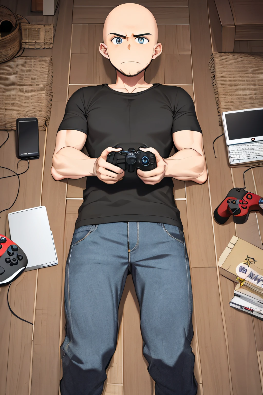 Um homem , bald, careca, adulto, careca, acima do peso, gordura, Corpo largo, moletom laranja, usando moletom laranja, sobrepeso, boca fechada, Video game controller in hand, sentado, olhando no visualizador, Foco masculino, linhas de movimento, divertido, sem cabelo, sem cabelo, barba fina, gordura, acima do peso, segurando o controlador de videogame, Estilo anime