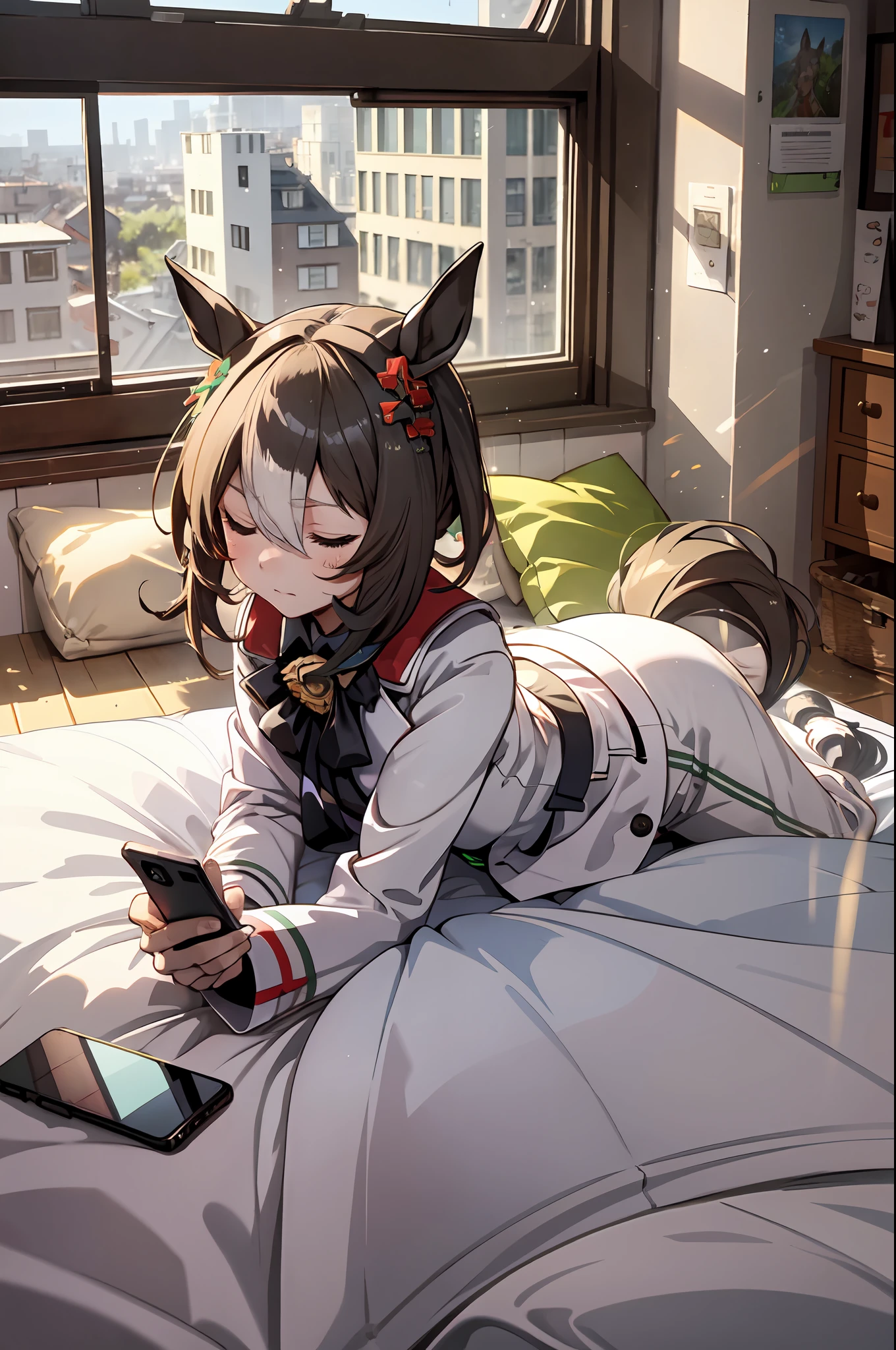 masterpiece, best quality, fine motion \(umamusume\), horse ears, horse tail, sleepy, house clothes, night, bedroom, lying in bed, playing with mobile phone, turning off lights, windows, full body wide angle,