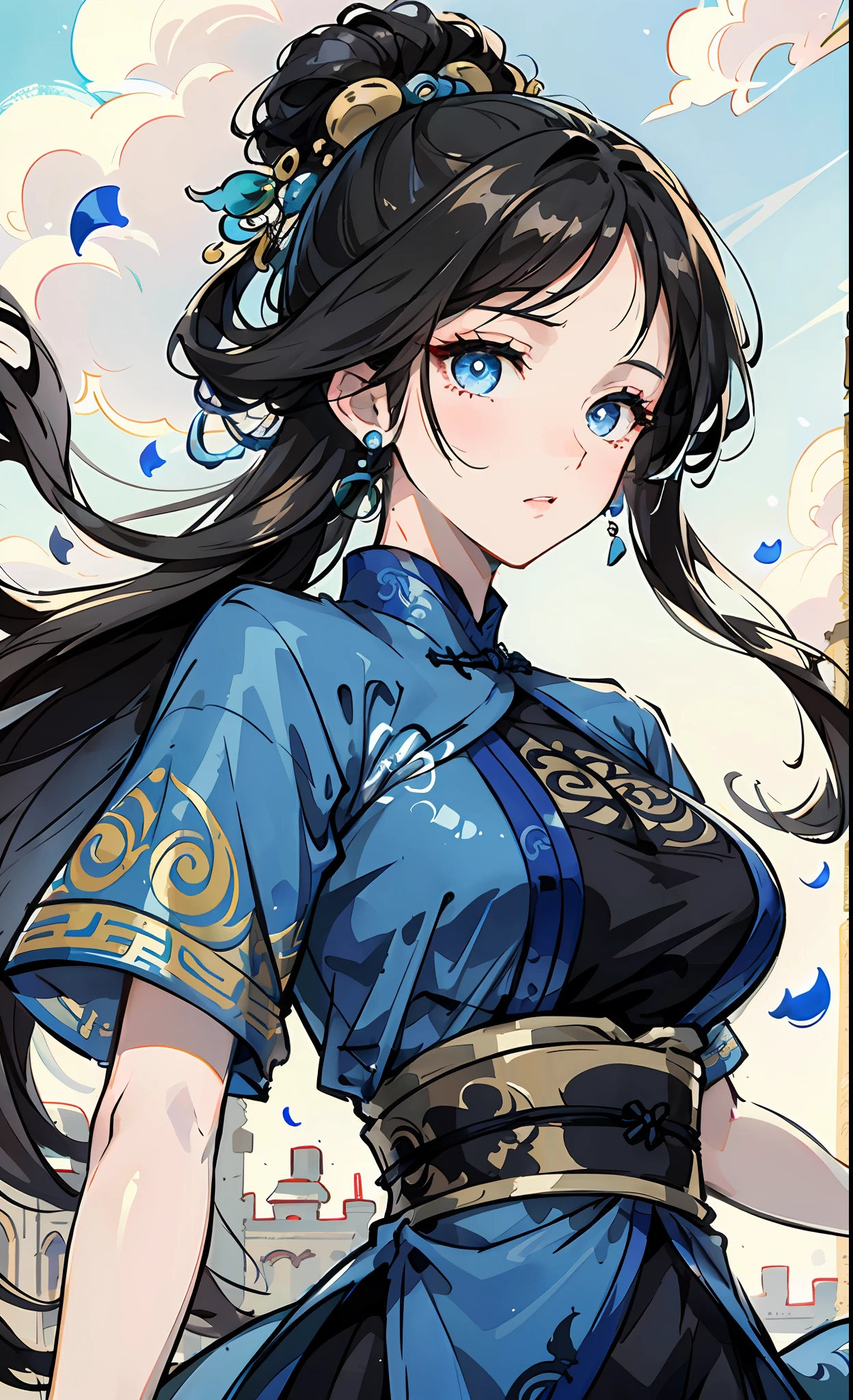 Girl Huge breasts ,bigbreast,classical,tumulus,Ancient temple,Blue eyes,black color hair,Floating hair,Fair skin,lovly,Delicate and agile eyes,Intricate peacock-themed damask hanfu,Gorgeous accessories,fov,f/1.8,masterpaintings,Ancient Chinese architecture,blue-sky,Petals flying,Frontal portrait shot,Side lighting,The sun shines on people,8K mouth veil,