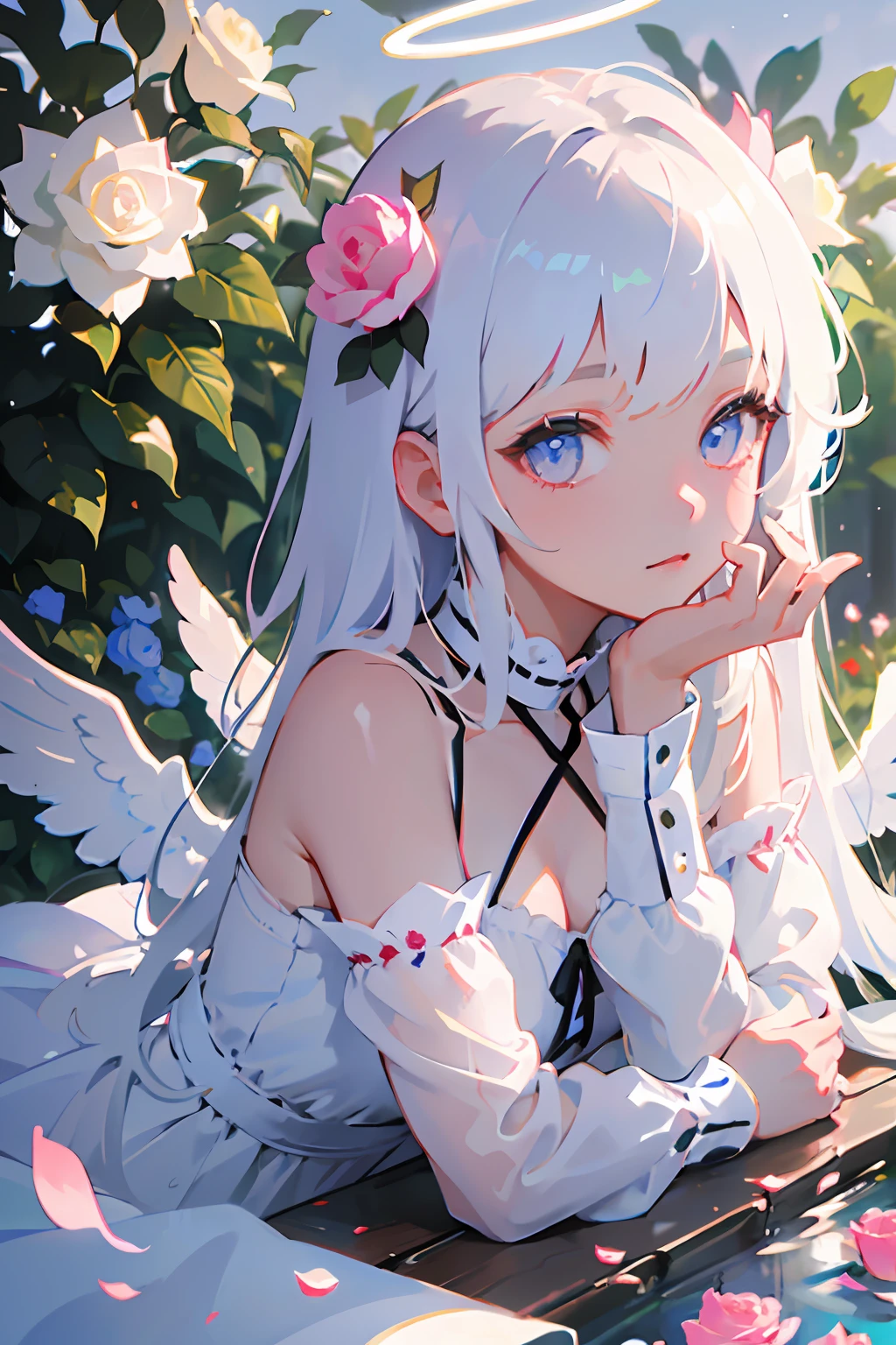 1girl, flower, solo,halo, long hair, wings, white hair, pink flower, sitting, white flower, angel, water, rose, long sleeves, red flower, dress, head rest, angel wings, feathered wings, closed mouth, pink rose, blue flower, bangs, white dress, plant