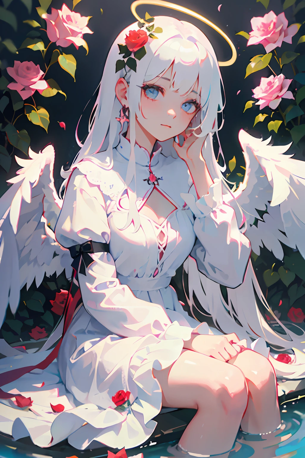 1girl, flower, solo,halo, long hair, wings, white hair, pink flower, sitting, white flower, angel, water, rose, long sleeves, red flower, dress, head rest, angel wings, feathered wings, closed mouth, pink rose, blue flower, bangs, white dress, plant