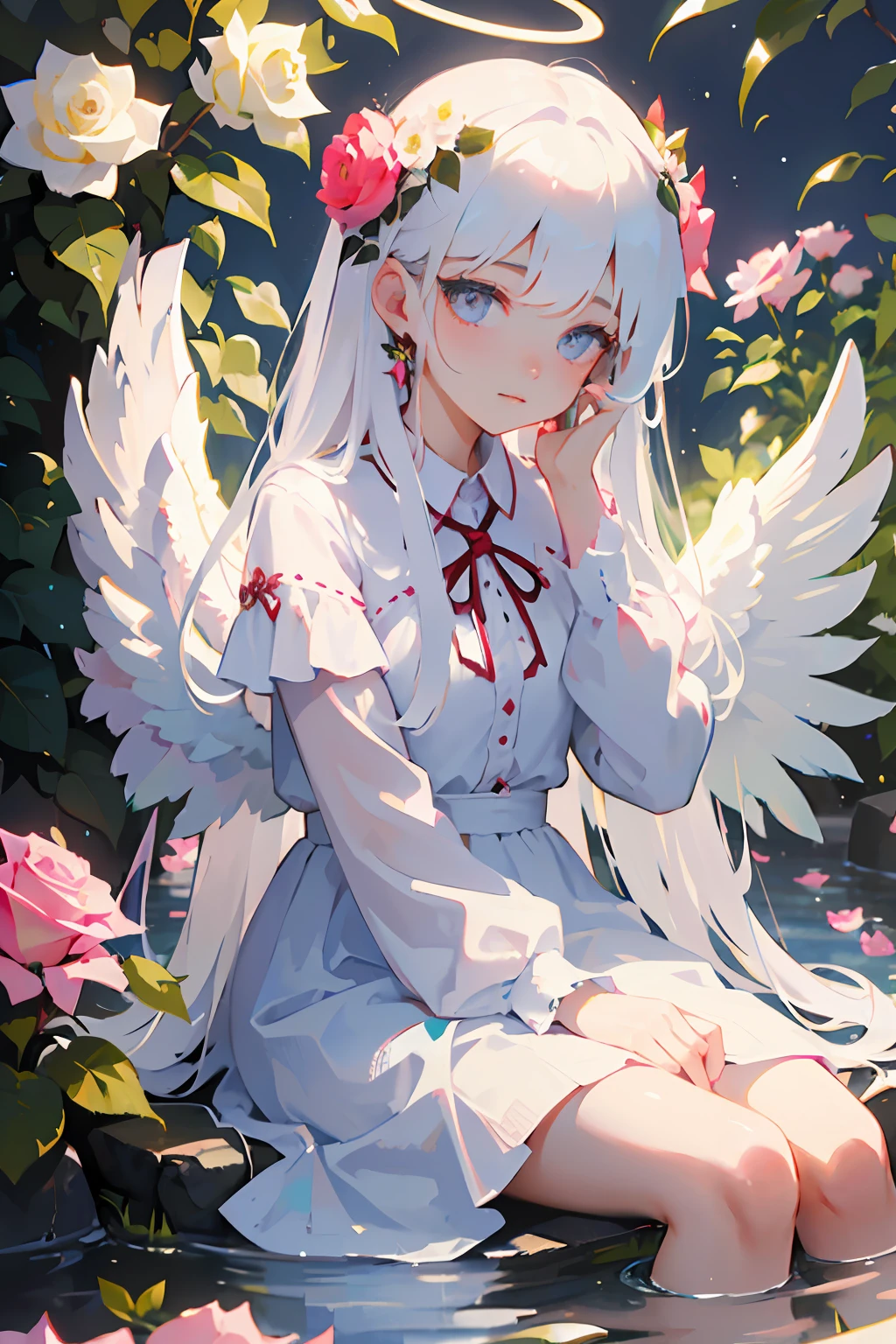 1girl, flower, solo,halo, long hair, wings, white hair, pink flower, sitting, white flower, angel, water, rose, long sleeves, red flower, dress, head rest, angel wings, feathered wings, closed mouth, pink rose, blue flower, bangs, white dress, plant
