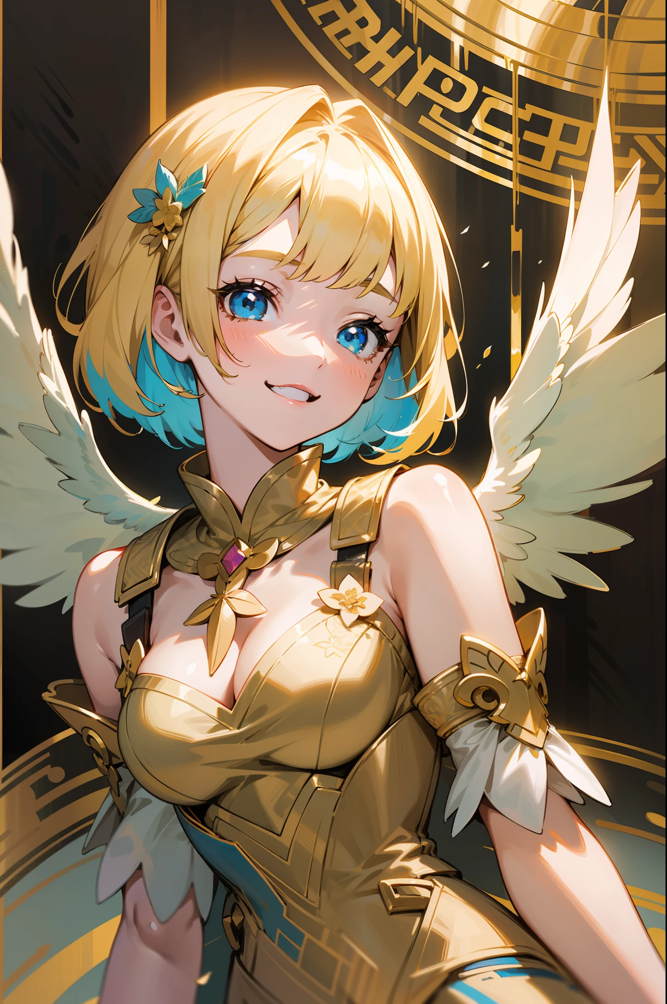 Anime Pictures。Bright and colorful shade illustration。A girl about 18 years old with a large angel feather on her back is smiling happily.。Gold Bob Hair。Wearing a beautiful embroidered dress。Composition with colorful flower design。Extremely high quality、high picture quality、Maste Piece、Best-aesthetic