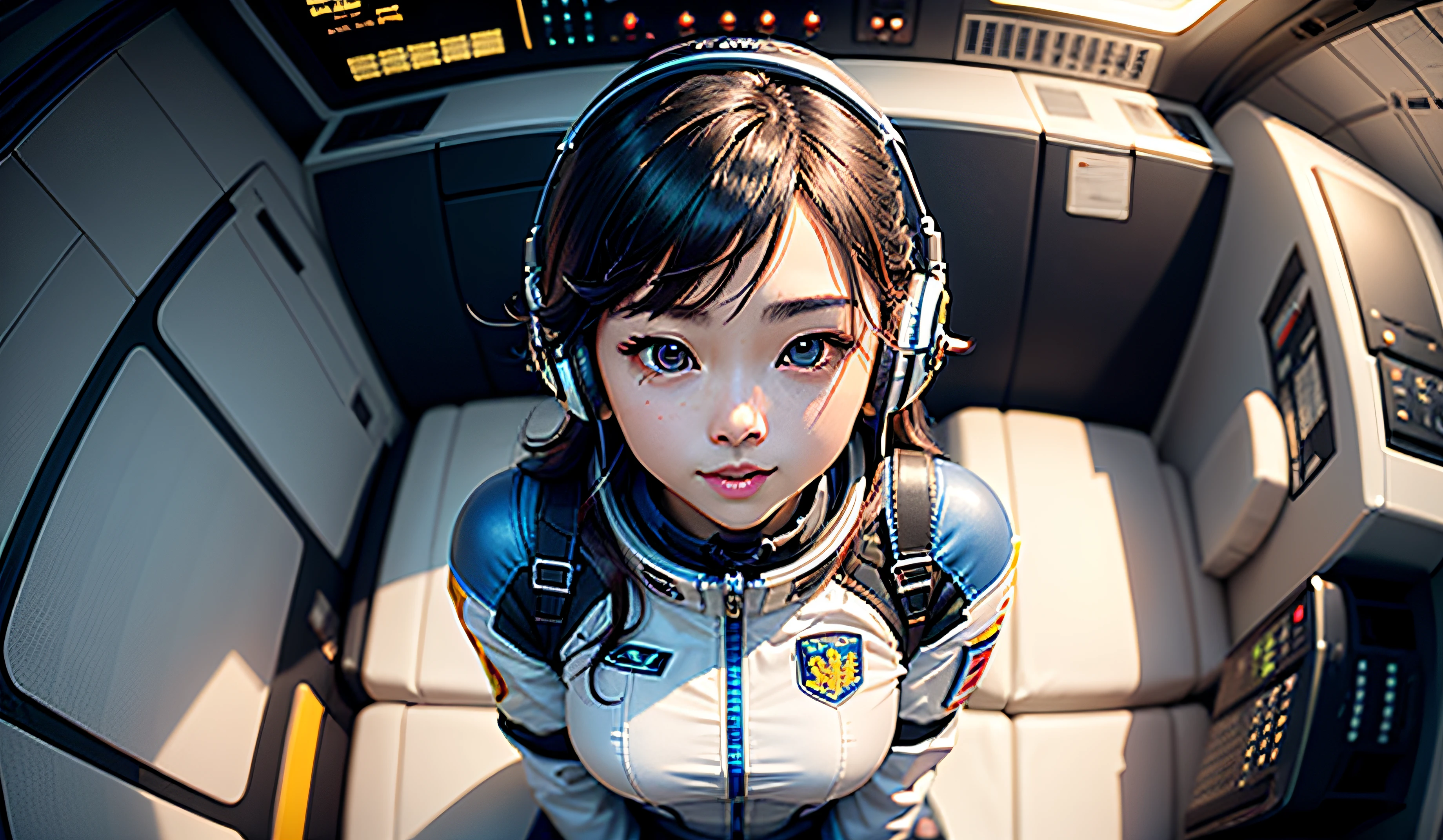 (巨作、最好质量、Top resolution、Distinct_image、Detailed details、portlate。Angle from above): (独奏、Lone Girl、Japan Faces、short-cut、Brown-haired girl、Whole human body、(the perfect body:1.4)、cuteness、a Pretty、Glittering blue colored eyes、Pilot suit in white and blue colors、Tight Fit Clothing、Clothing that covers the whole body、extreamly delicate and beautiful、detailed skins、Slim body、exoskeleton、lightl smile、heroine、headset on head、long boots、Facing the front、staring the viewer、Kindness、gloves)、(Inside the spacecraft、Communications Equipment、controller、cockpit、Maneuvering the Vehicle、Future)