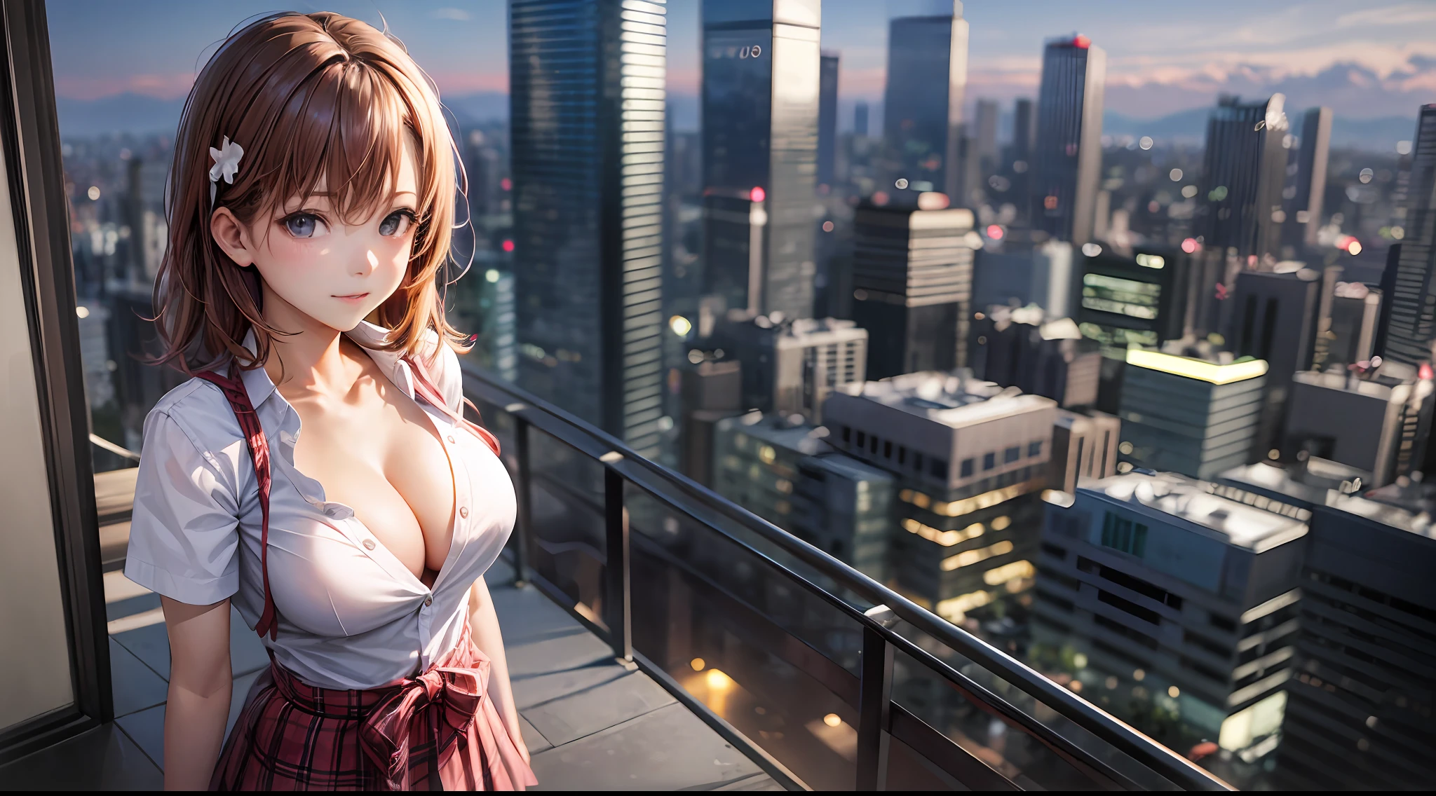 （A Certain Science Railgun、Misaka Mikoto）、Brown skin、Japan schoolgirl uniform、（Medium hair in pink color）、Young、Cute、a beautifulchi girl、Perfect style、HugeBoobs、Emphasizes cleavage、deadpan、realisic、Realistic、８ｋ、Heavily detailed、最好质量、Top image quality、ultra-high-resolution、A masterpice、only girl、（The background is Tokyo Tower in Japan）、