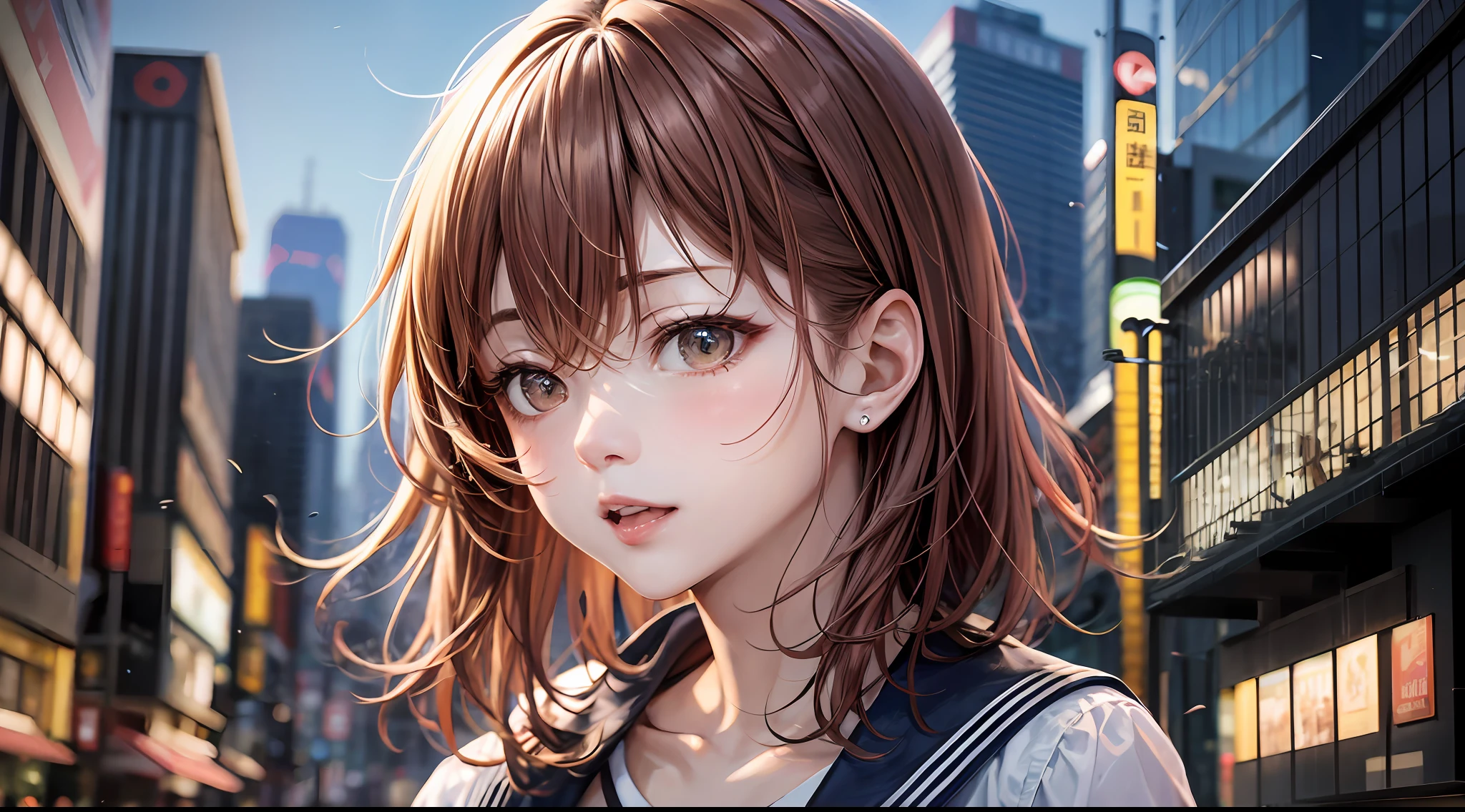 (A Certain Science Railgun、Misaka Mikoto)、Brown skin、Japan schoolgirl uniform、(Medium hair in pink color)、Young、Cute、a beautifulchi girl、Perfect style、HugeBoobs、Emphasizes cleavage、deadpan、realisic、Realistic、8k、Heavily detailed、最好质量、Top image quality、ultra-high-resolution、A masterpice、only girl、(The background is Tokyo Tower in Japan)、