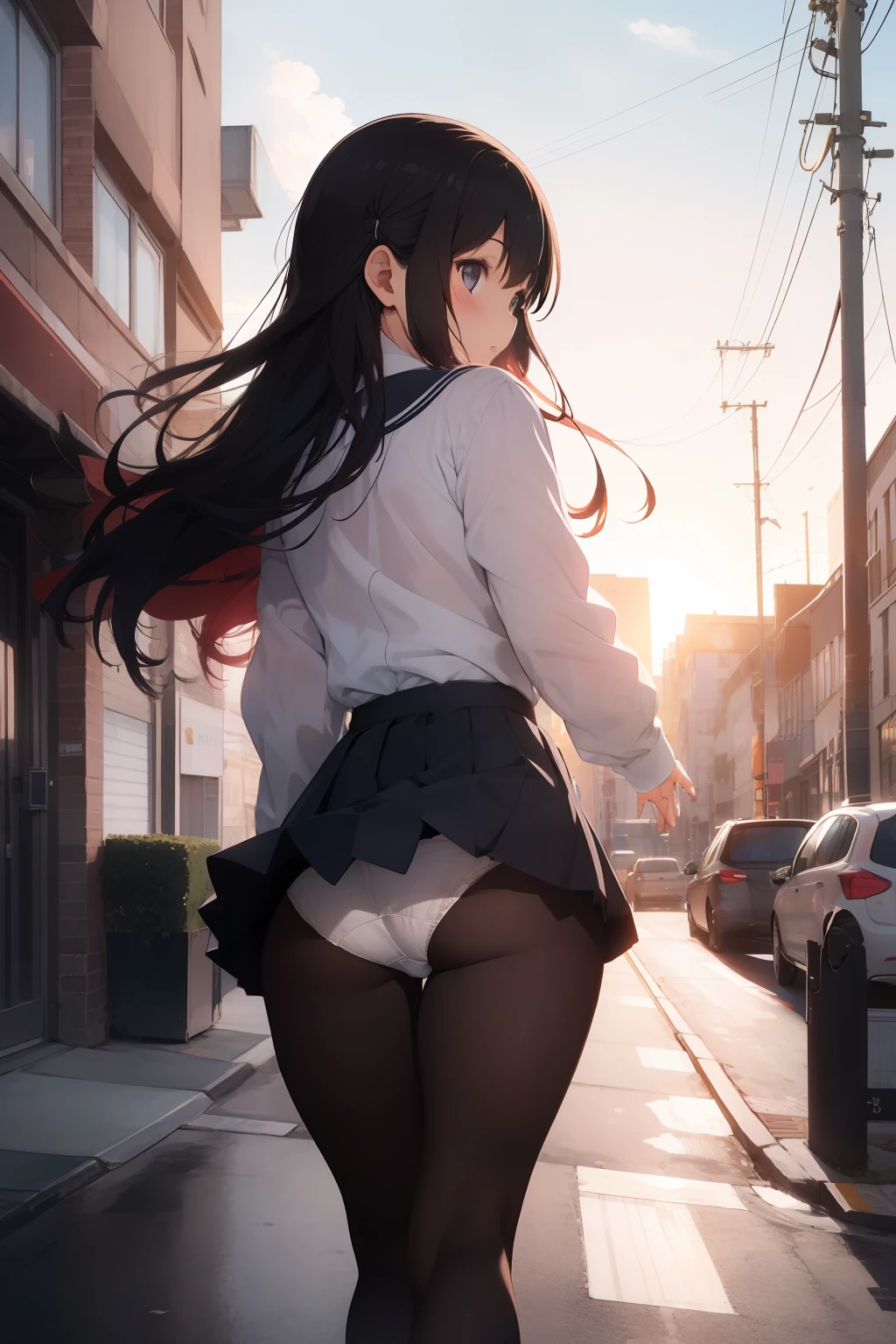 (masterpiece, best quality), 1girl, school uniform, (white panties), panties over pantyhose, from behind, wind, wind lifting skirt, skirt lift, upskirt, ful body, city street, walk, long hair, vibrant colors, volumetric lighting, sunset, deep shadows, best lighting, best shadows