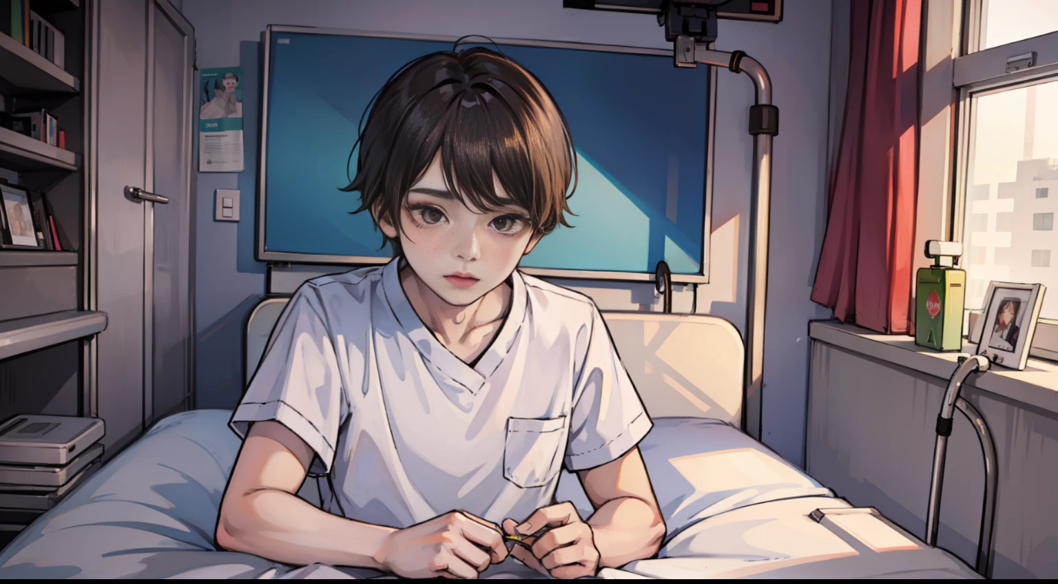 A young boy lies on a hospital bed