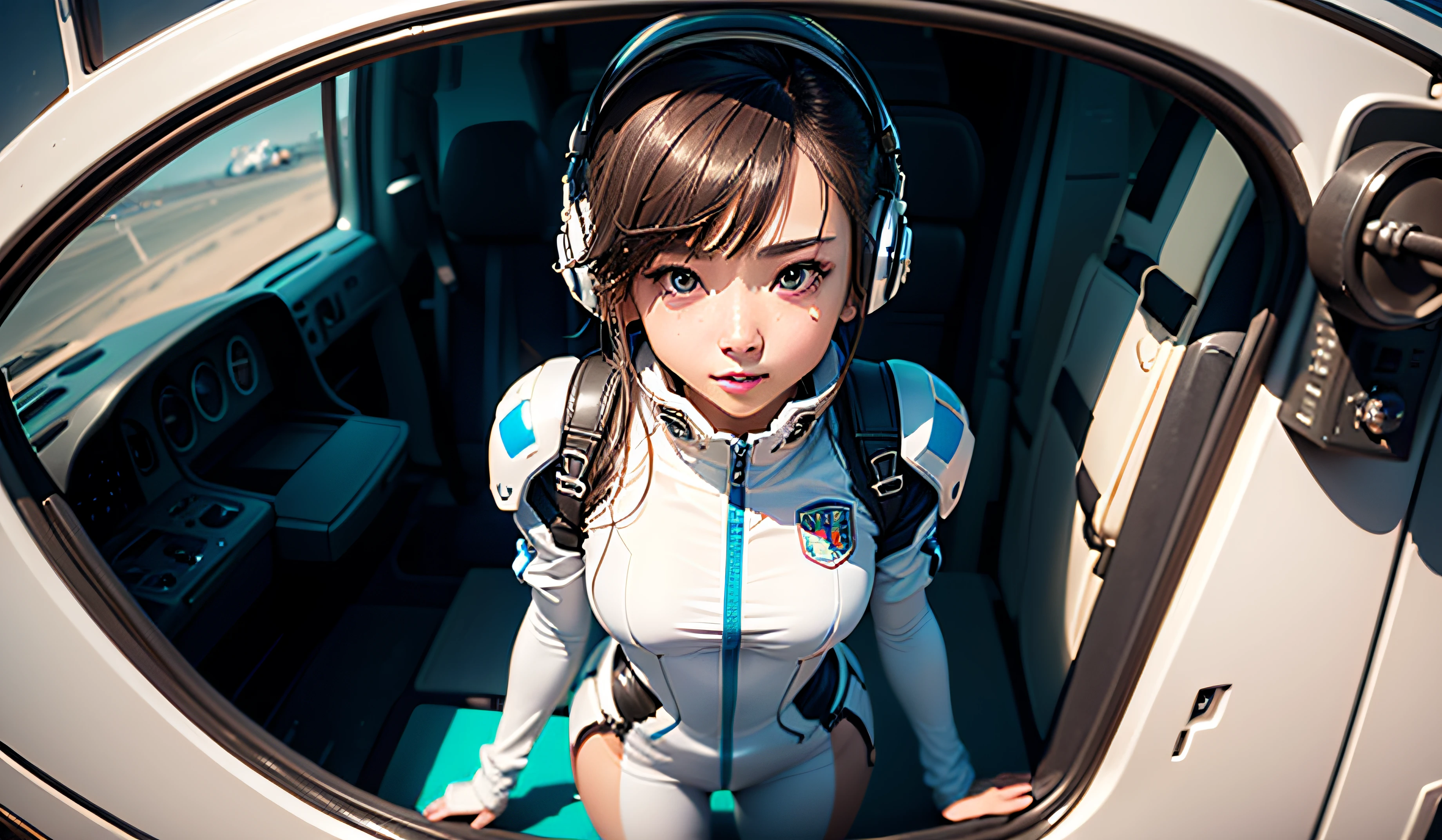 (巨作、最好质量、Top resolution、Distinct_image、Detailed details、portlate。Angle from above): (独奏、Lone Girl、Japan Faces、short-cut、Brown-haired girl、Whole human body、(the perfect body:1.4)、cuteness、a Pretty、Glittering blue colored eyes、Pilot suit in white and blue colors、Tight Fit Clothing、Clothing that covers the whole body、extreamly delicate and beautiful、detailed skins、Slim body、exoskeleton、lightl smile、heroine、headset on head、long boots、Facing the front、staring the viewer、Kindness、gloves)、(Inside the spacecraft、Communications Equipment、controller、cockpit、Maneuvering the Vehicle、Future)