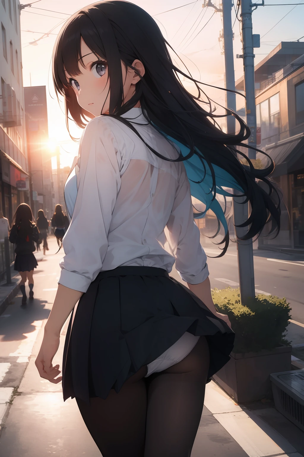 (masterpiece, best quality), 1girl, school uniform, (white panties), panties over pantyhose, from behind, wind, wind lifting skirt, skirt lift, upskirt, ful body, city street, walk, long hair, vibrant colors, volumetric lighting, sunset, deep shadows, best lighting, best shadows