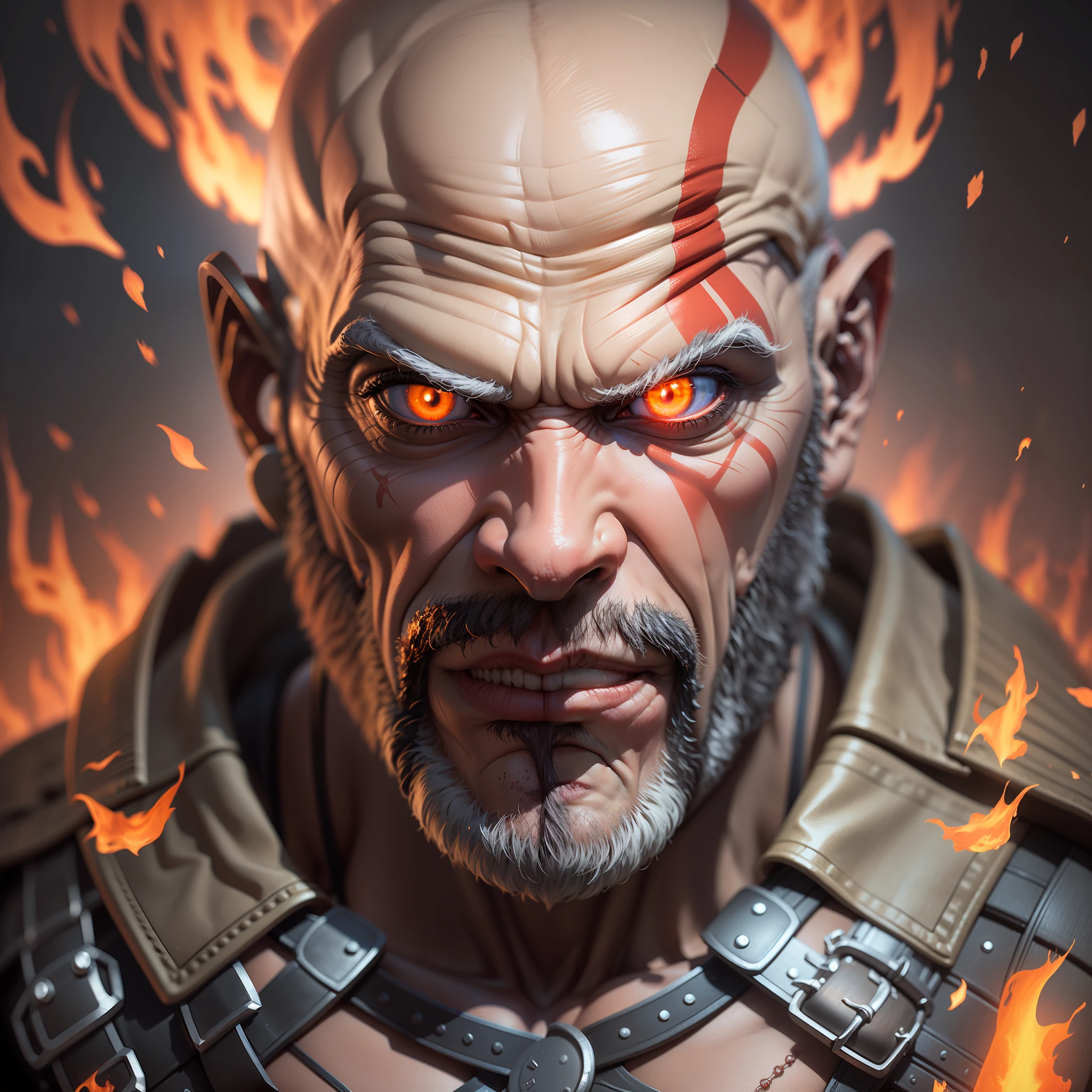 The god of war Mars, bald, old age, An ominous expression on his face, In the armor of chaos, Against a fiery background, 3D-rendering, hyperdetail, hyper-realism