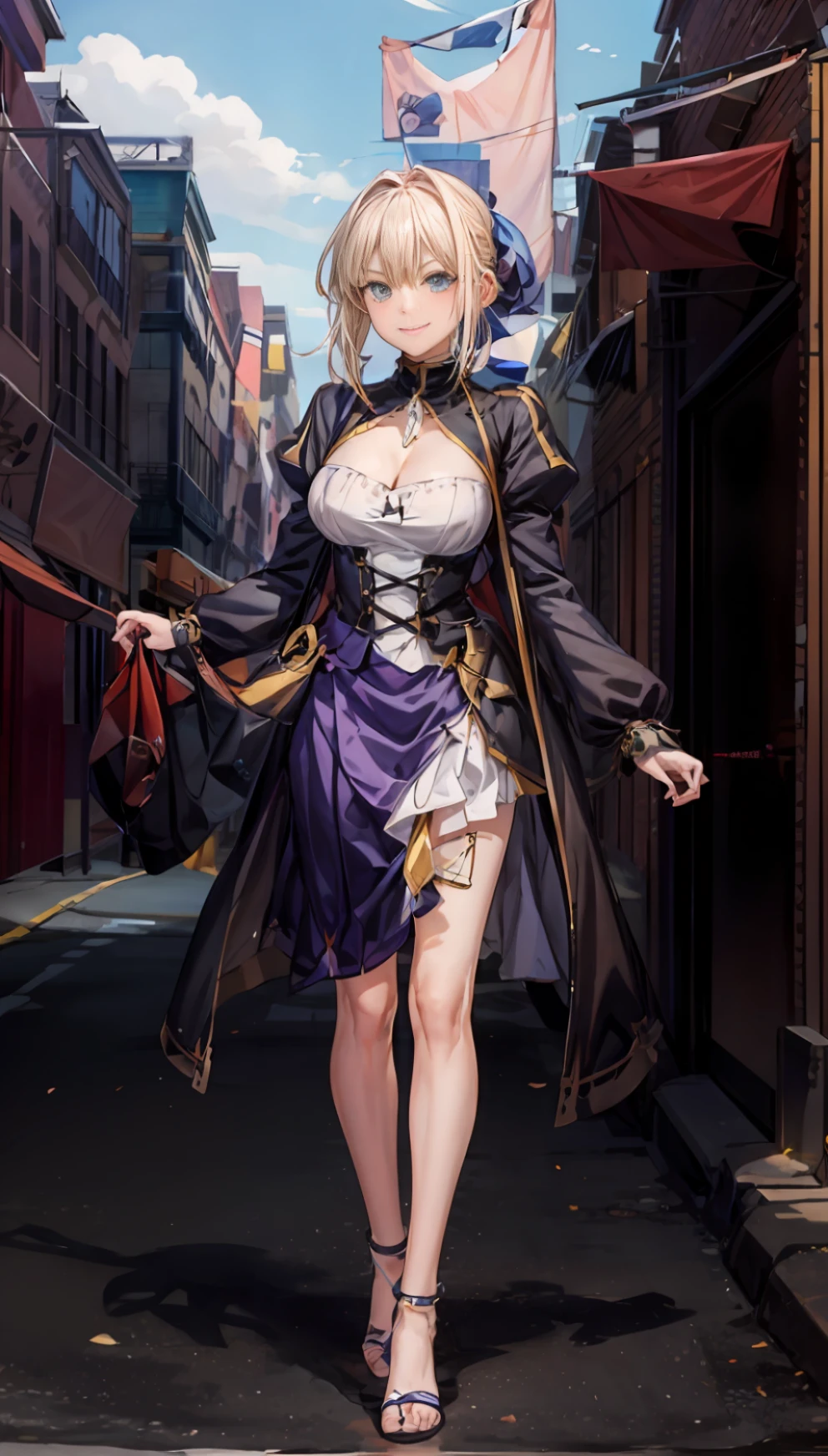 （masterpaintings：1.4）， （optimal quality：1.4）， realistness， 1girl huge large breasts， Artoria，Radpangon \（Fare Fateful Night\）， cleavage dress， Smile with，Anime characters。