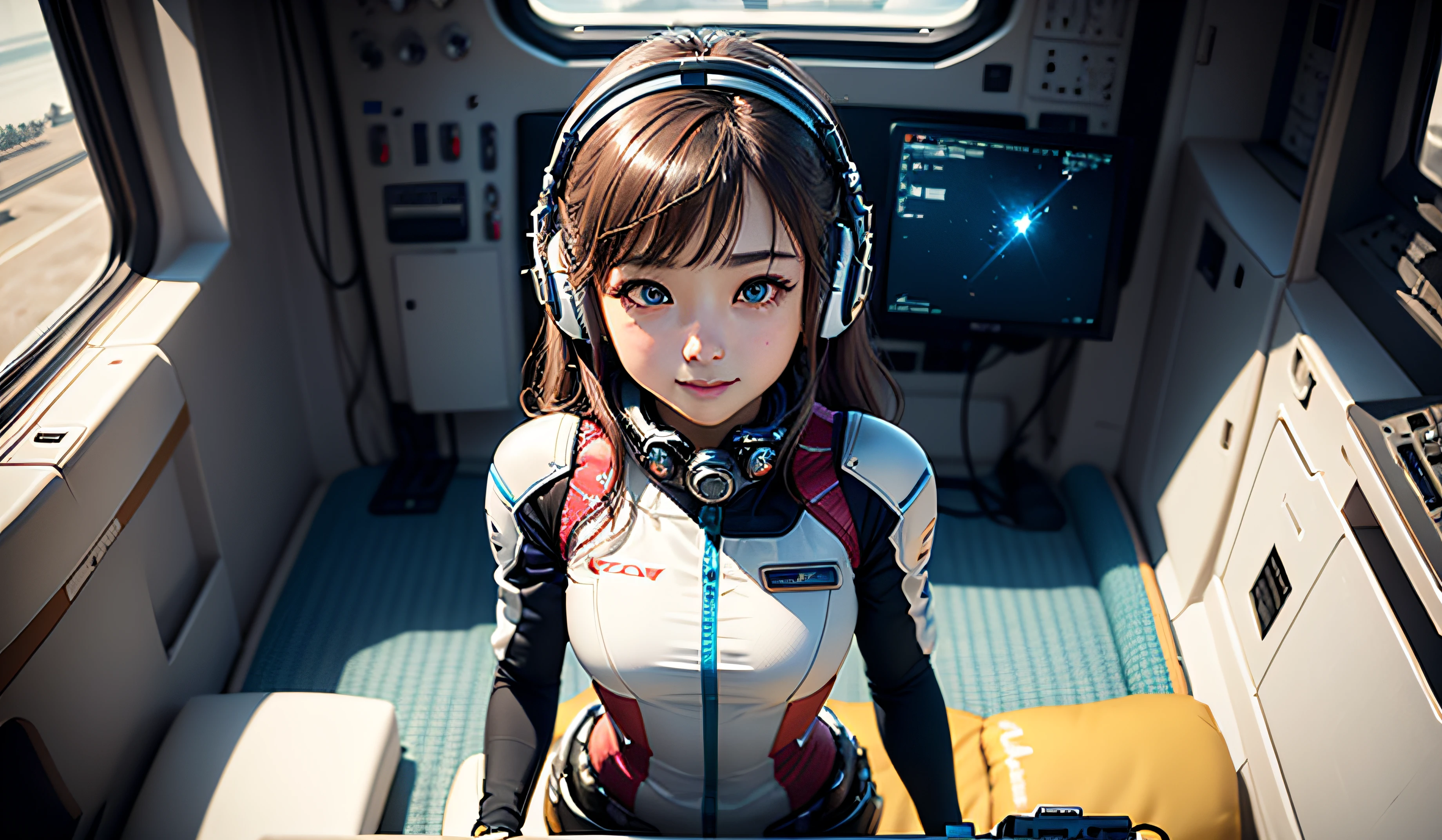 (巨作、最好质量、Top resolution、Distinct_image、Detailed details、portlate。Angle from above): (独奏、Lone Girl、Japan Faces、short-cut、Brown-haired girl、Whole human body、（the perfect body：1.4）、cuteness、a Pretty、Glittering blue colored eyes、Pilot suit in white and blue colors、Tight Fit Clothing、Clothing that covers the whole body、extreamly delicate and beautiful、detailed skins、Slim body、exoskeleton、lightl smile、heroine、headset on head、long boots、Facing the front、staring the viewer、Kindness、gloves)、（Inside the spacecraft、Communications Equipment、controller、cockpit、Maneuvering the Vehicle、Future）