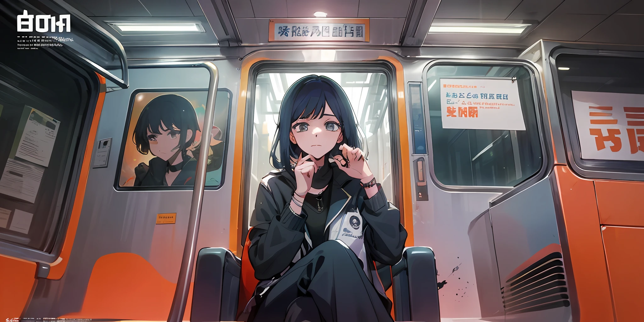 (A masterpice、best  quality)、One girl sitting on subway train、Facing to the side、Subway car doors、from below view、Solo Focus、(((Dramatic)))、(((gritty)))、(((vehement))))The poster of the film appears as a central character。She is shy in the center of the poster、Wearing an idol costume、Has a determined look。The background is dark and rough、I feel like I'm drunk。Text is bold and eye-catching、Catchy slogans add to the overall drama and excitement。The color palette is dominated by dark colors.、Bright colors dotted、Make your poster dynamic and visually impactful、tachi-e(magazine:1.3)、(cover-style:1.3)、Fashionable、with a vibrant、outfits、a-pose、the front、colorfully、Dynamic、backgrounds、element、confiante、expressively、ngel、statement、attachment、Majestic、coiled、surroundings、touch、Scenes、Texto、covers、boldface、grab attention、title、lo fashion、font、Catchy、title、Large、grab attention、Modern、 Trendy、concentrated、Stylish、a 1 girl