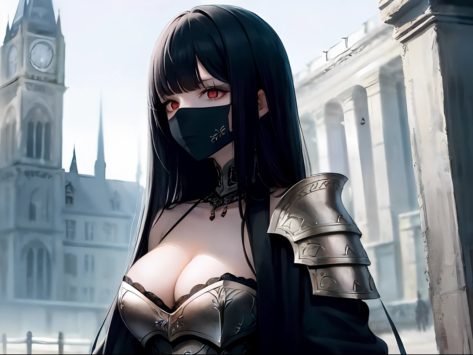 Mature girl，Full upper body portrait，The head should not be too big，Undead warriors，The undead，Transform people，Pale skin，Mask mask，Long white hair，Red eyes，Gorgeous accessories，masterpaintings，sexy cleavage，armour，Slender，Parted bangs，Stone building in the background