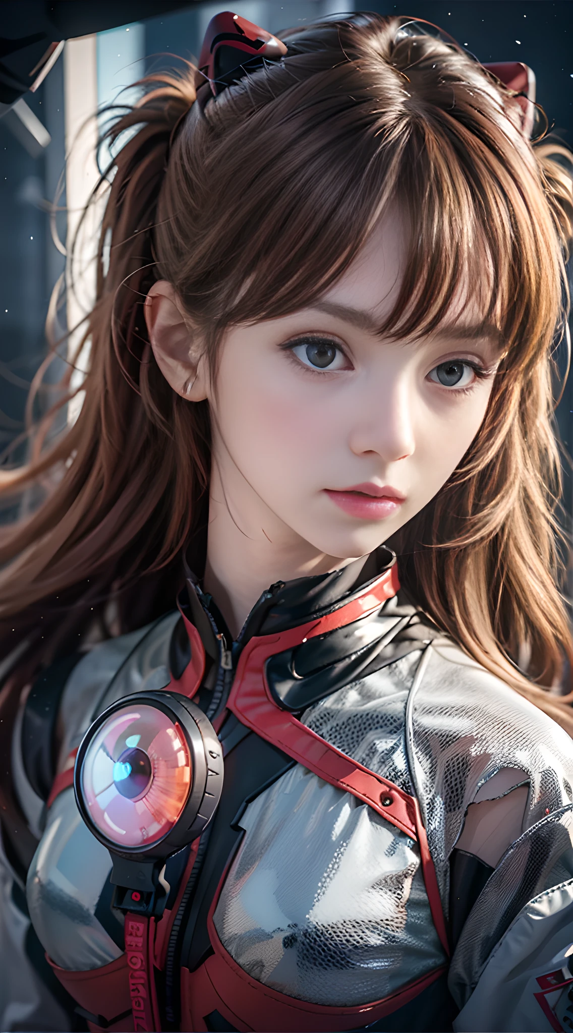 （overhead view），dynamic angle，dynamicpose，superdetailed，illustration，Close up of，Straight Forward，1girl huge large breasts，souryuuasukalangley，
 （（souryuu asuka langley，Interface headset，red body suit：1.5，bionde）），Her eyes shone like dreamy stars，（gloweyes：1.233），（Beautiful and delicate eyes：1.1），（Expressionlessly，Keep your mouth shut），（to stand），
（Mechanical room with tools and spaceship windows in a white spaceship），
（夜晚：1.2），Dreamlike， [[Slender fingers and hands：0.55]：：0.85]，（detail finger），