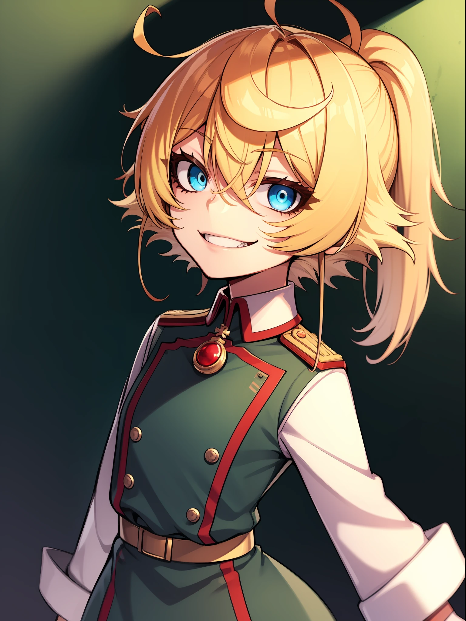 Tanya Degurechaff, Miitar uniform, evil smile, short stature, Killer eyes, psychotic eyes