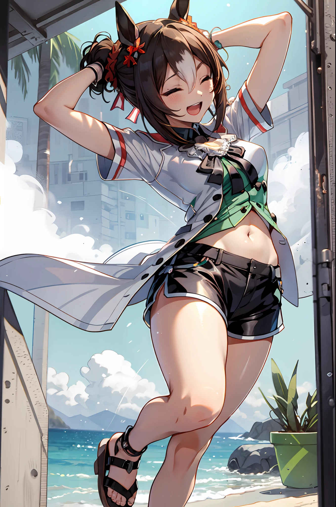 masterpiece, best quality, fine motion \(umamusume\), horse ears, horse tail, side-tie shirt, side-tie, from below, leaning forward, blue sky, black shorts, short shorts, beach, navel, sandals, one eye closed, white shirt, open mouth, short sleeves, standing on one leg, smile, arm up, wrist scrunchie