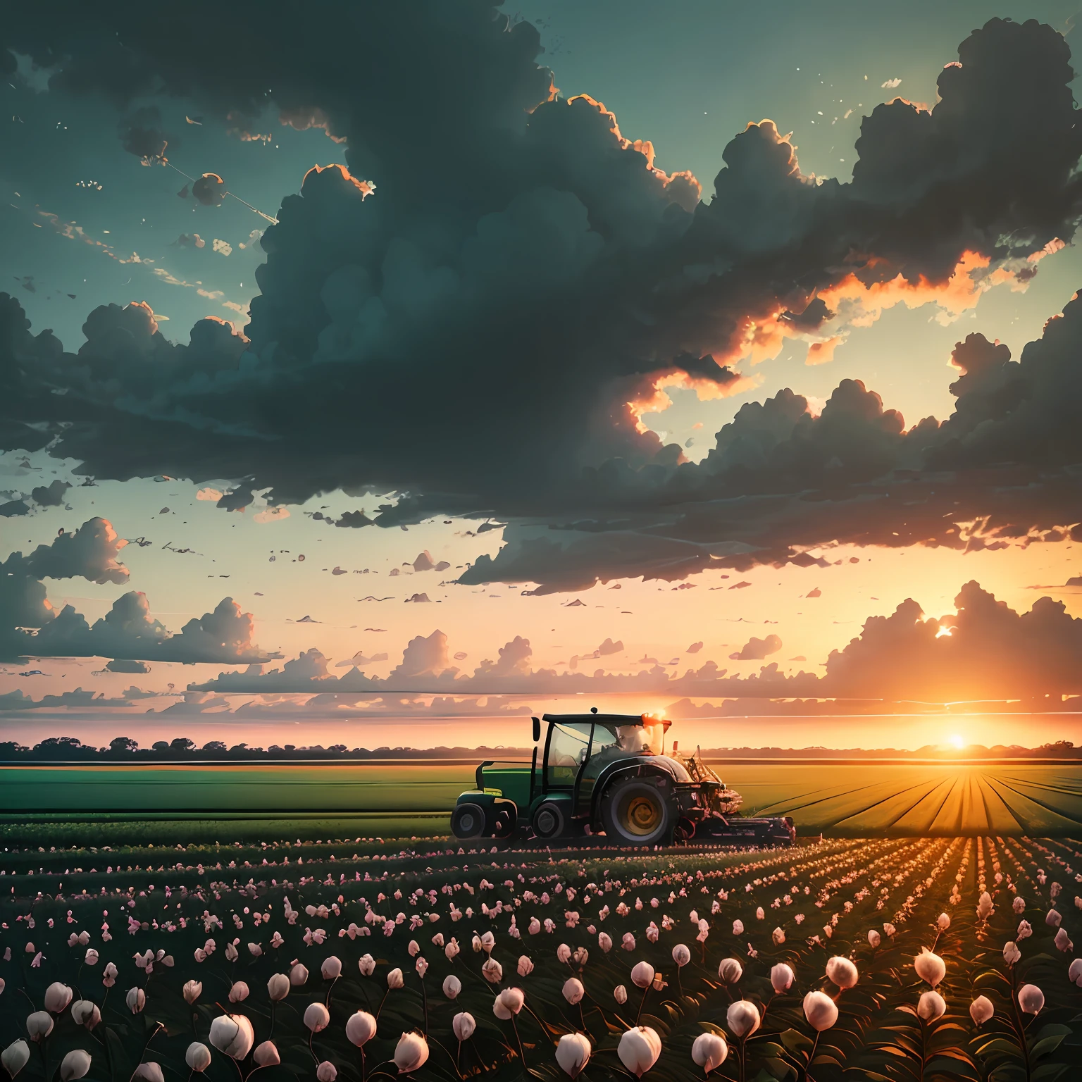 A green tractor parked in a cotton field, por do sol, detalhe poderoso, lots of cotton plants, sky with many clouds, sharpened details, futuristas, lavoura, agricultura, cotton --auto