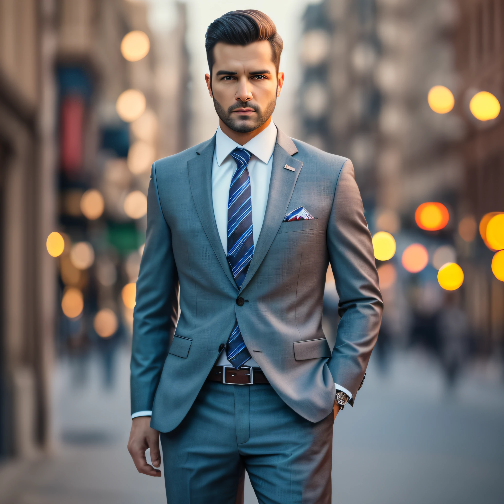 a Man standing with 30 years in suit and tie, body and head straight in the photo, DSRL, facing the viewer of the photo, eyes fixed to the lens, appears shoulders and head in the photo, man centered in the photo, 8k, best quality, masterpiece, realistic, realistic photo, movie photo, ultra realistic, 1 person, detailed, Perfect lighting, DSRL, professional photo, 4k
