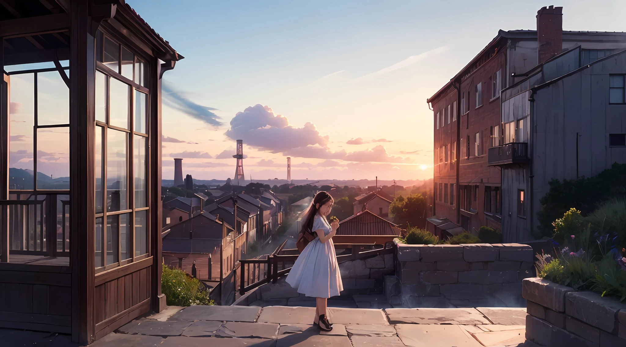 Hi-Def、Realistic、8K、19th century mining town、Large buildings and workers、Steam and elevator blow out、Tall structures、Girl in cute dress in the foreground、Evening light、fantastic landscape --auto