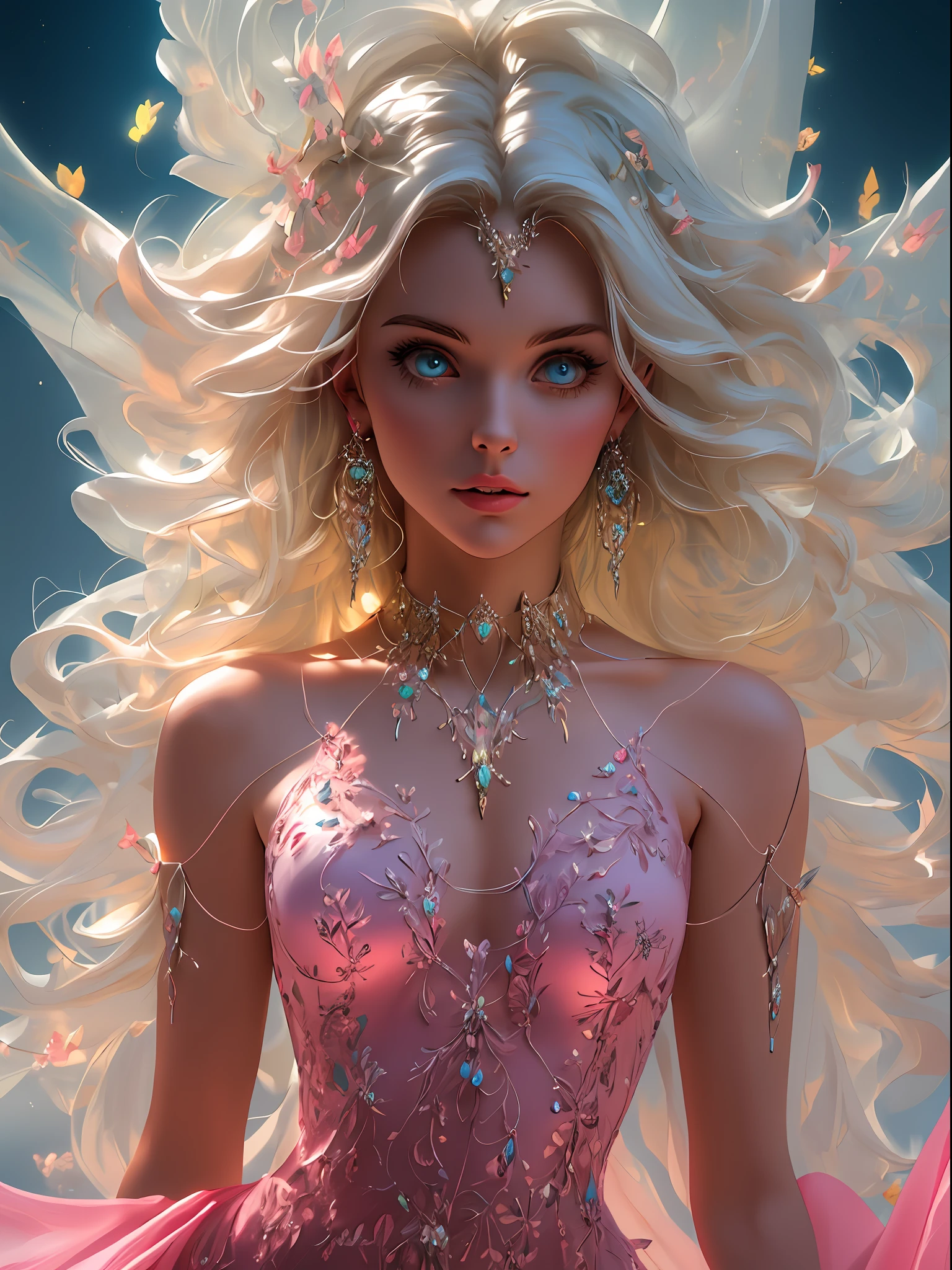 blond woman with white hair and glowing lights in a pink dress, beautiful digital artwork, fantasy gorgeous lighting, gorgeous digital art, stunning digital illustration, digital fantasy art ), 3 d render character art 8 k, a stunning young ethereal figure, 4k highly detailed digital art, ethereal fantasy, very beautiful digital art, beautiful digital art, fantasy digital art, digital fantasy art