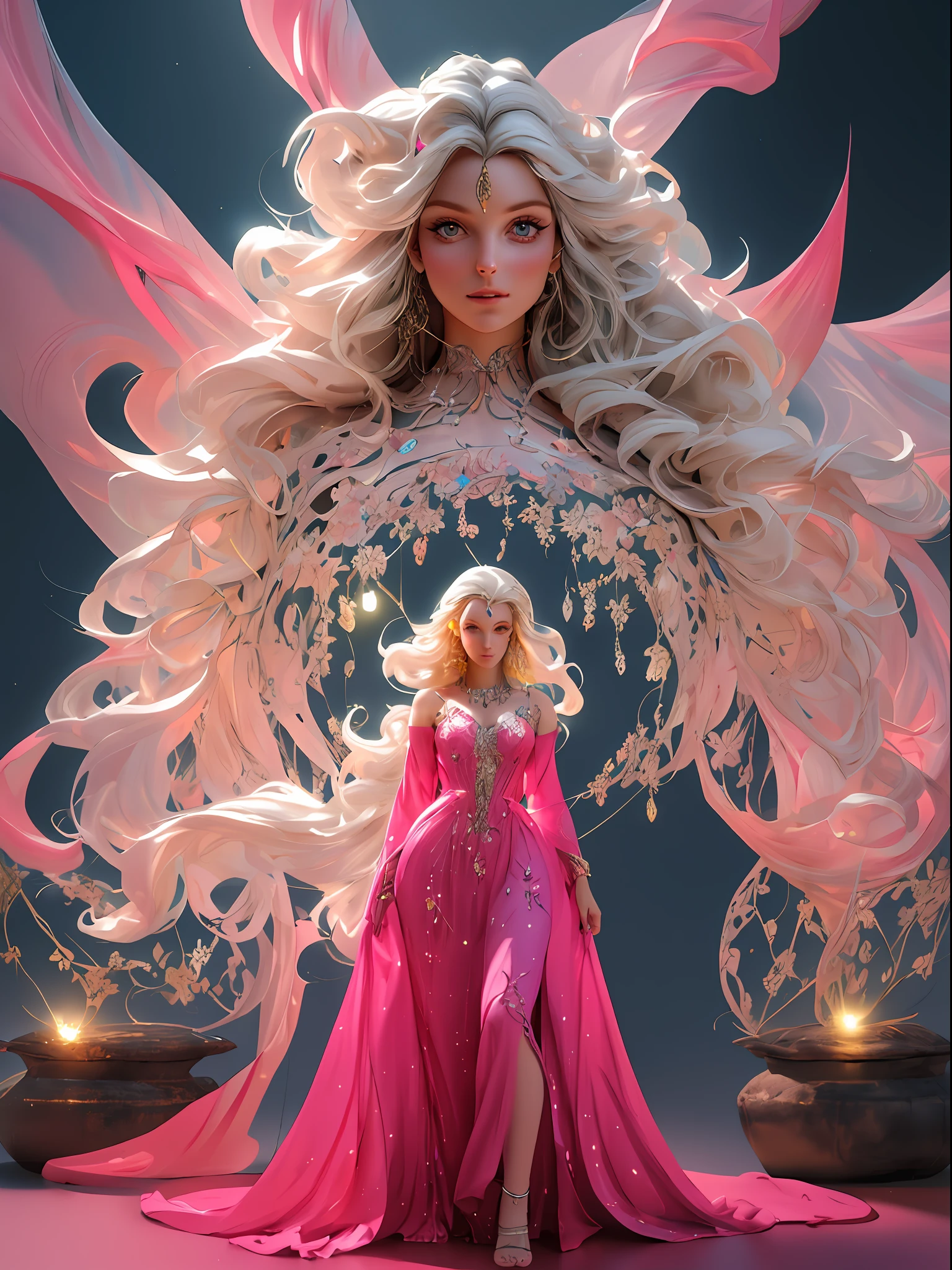 blond woman with white hair and glowing lights in a pink dress, beautiful digital artwork, fantasy gorgeous lighting, gorgeous digital art, stunning digital illustration, digital fantasy art ), 3 d render character art 8 k, a stunning young ethereal figure, 4k highly detailed digital art, ethereal fantasy, very beautiful digital art, beautiful digital art, fantasy digital art, digital fantasy art