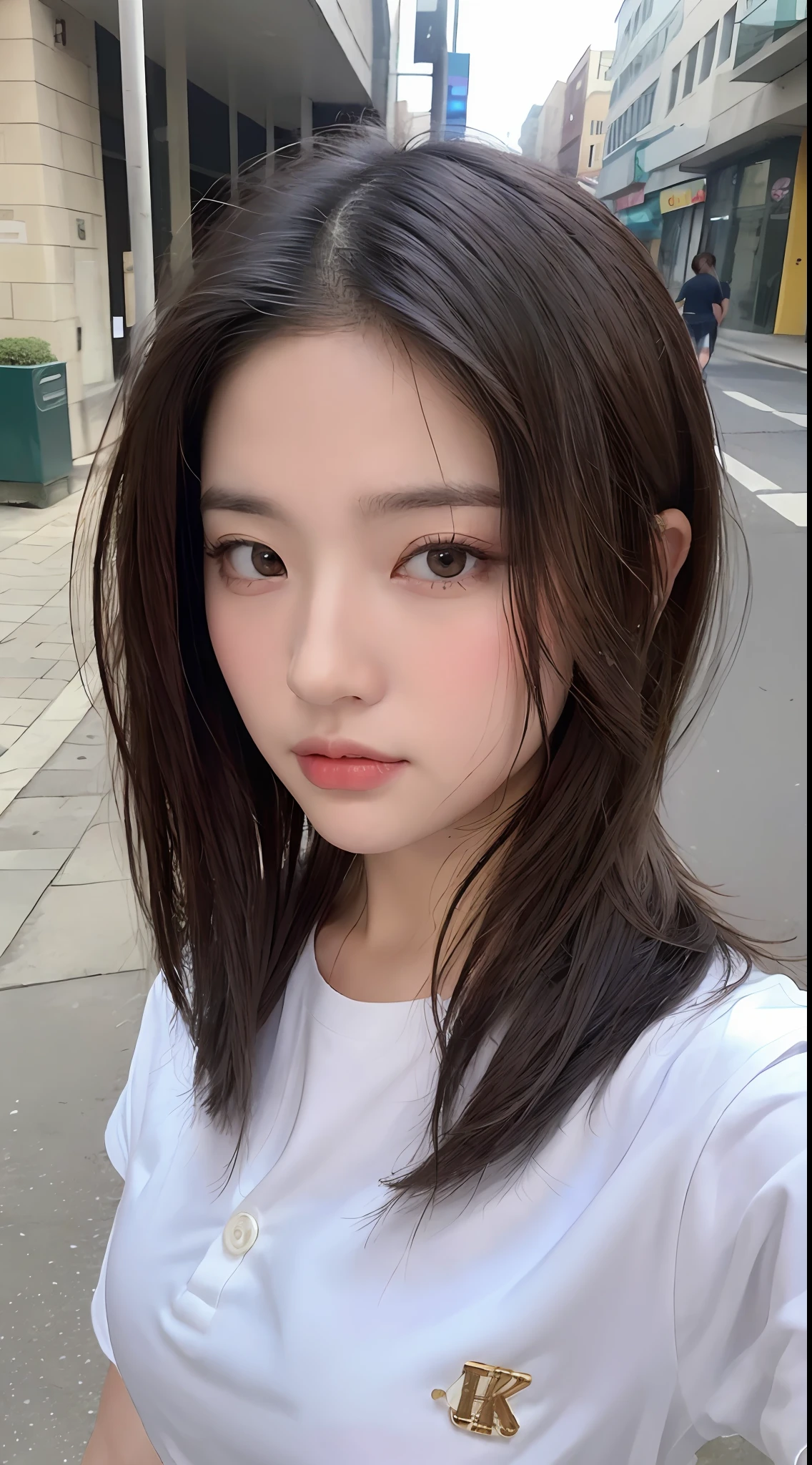 ((Best Quality, 8K, Masterpiece: 1.3)), Sharp: 1.2, Perfect Body Beauty: 1.4, Slim Abs: 1.2, ((Layered Hairstyle, :1.2)), (White Button Short Sleeve Shirt: 1.1), (Street: 1.2), Wet: 1.5, Highly detailed face and skin texture, Fine eyes, double eyelids, looking at the camera