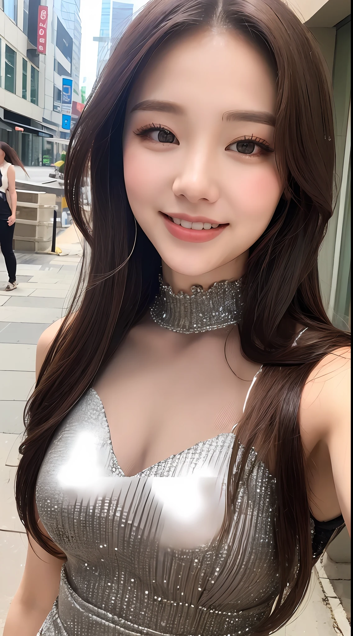 ((Best quality, 8k, Masterpiece :1.3)), 1girl, smiling, full body, slim face, Pretty woman, (Dark brown hair), full length dress :1.1, Ultra-detailed face, Detailed eyes, Double eyelid, blur background, slim face, city, outside, street,