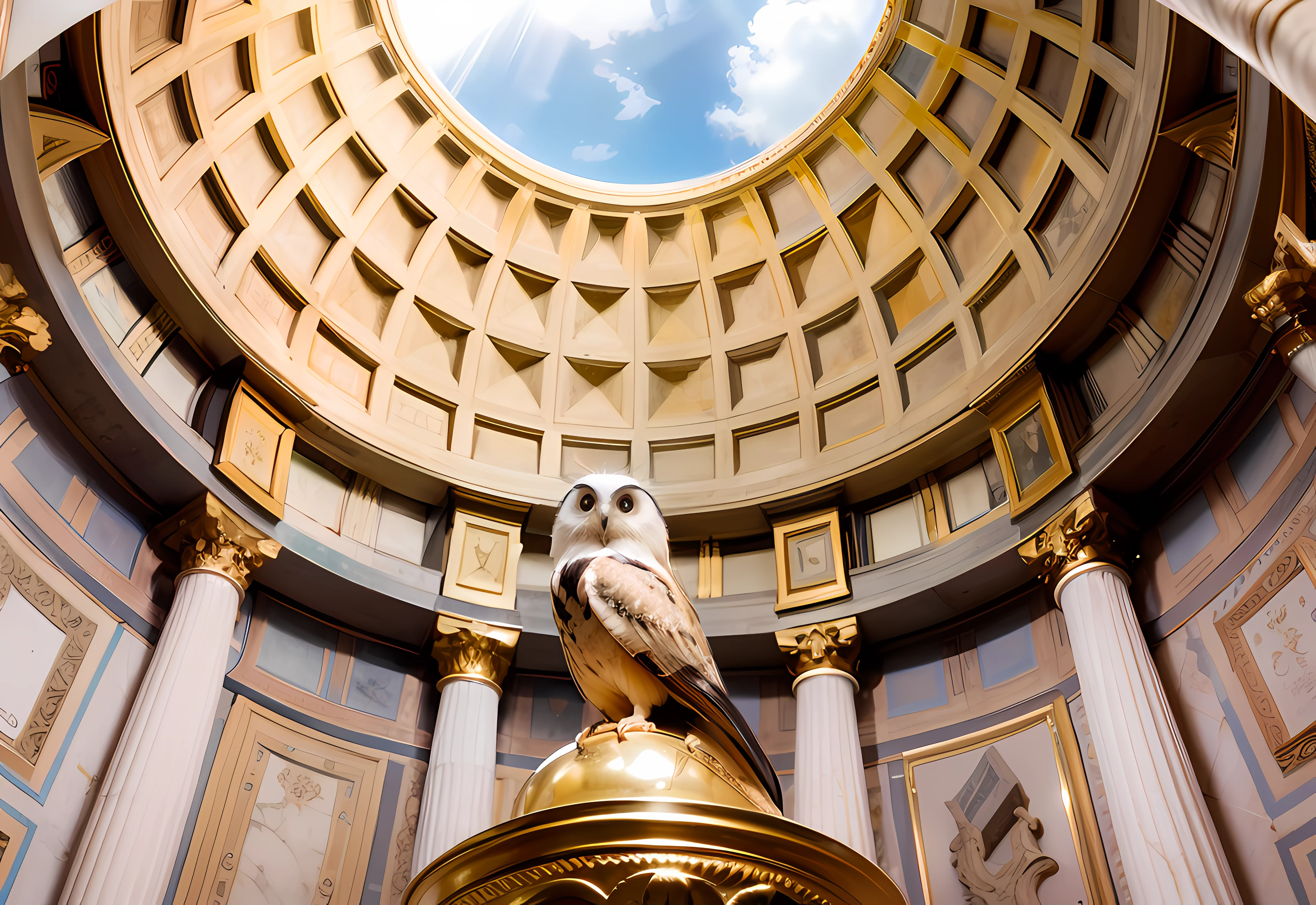 There is a statue of a giant owl in the center of the Pantheon in Rome、It is a precision sculpture of a huge marble.、Sunlight is shining through the open windows on the ceiling of the Pantheon、Summer solstice sunlight、High-quality photos、 最好质量, realisic, photoreallistic, 最好质量, 巨作, extreamly delicate and beautiful, Heavily detailed, finedetail, Super Detail, Hi-Def, Heavily detailed, realisic, super highly detailed, 最好质量, super highly detailed, High-quality textures