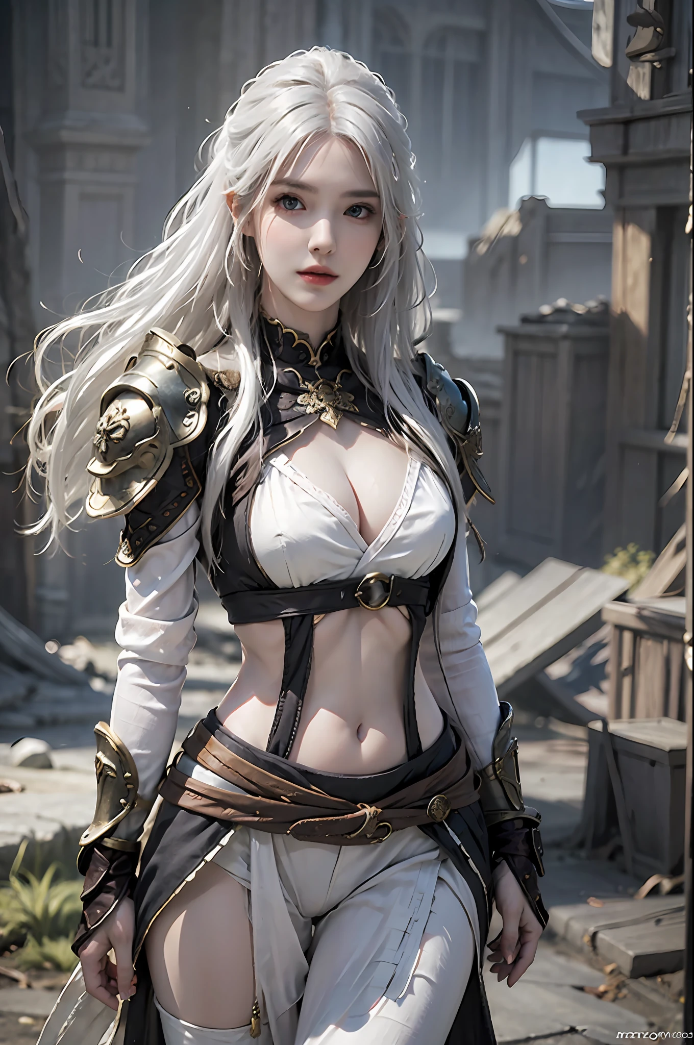 photorealistic, high resolution, 1 girl, white hair, hips up, armor, elden ring style