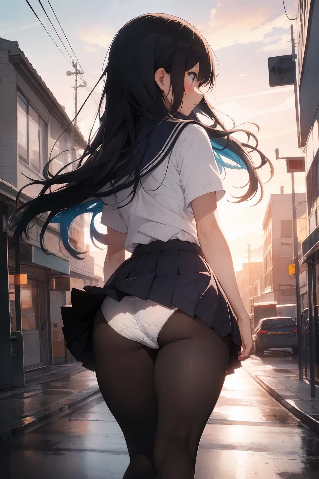 (masterpiece, best quality), 1girl, school uniform, (white panties), panties over pantyhose, from behind, wind, wind lifting skirt, skirt lift, upskirt, ful body, city street, walk, long hair, vibrant colors, volumetric lighting, sunset, deep shadows, evening, gark, high contrast, best lighting, best shadows