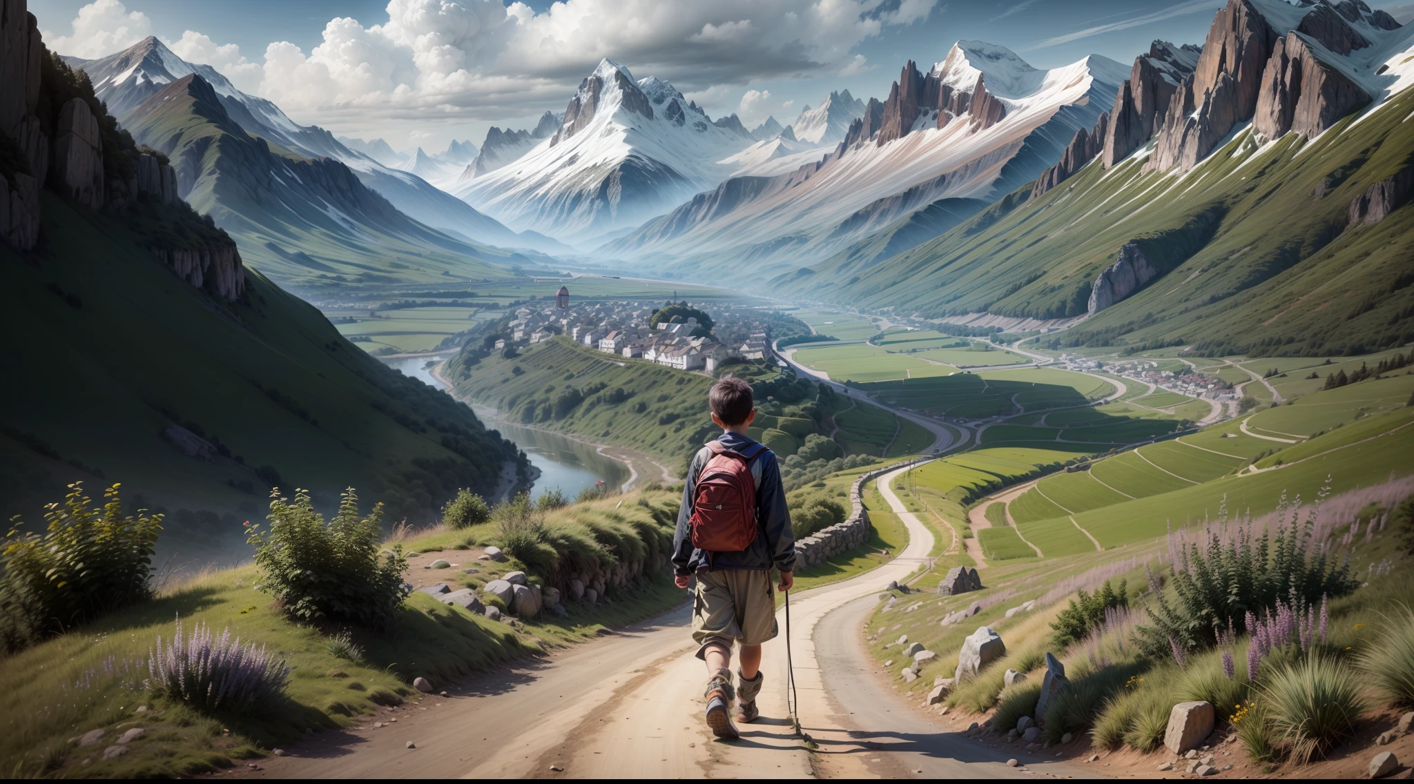 a young boy walking on a road towards a village in a valley between mountains