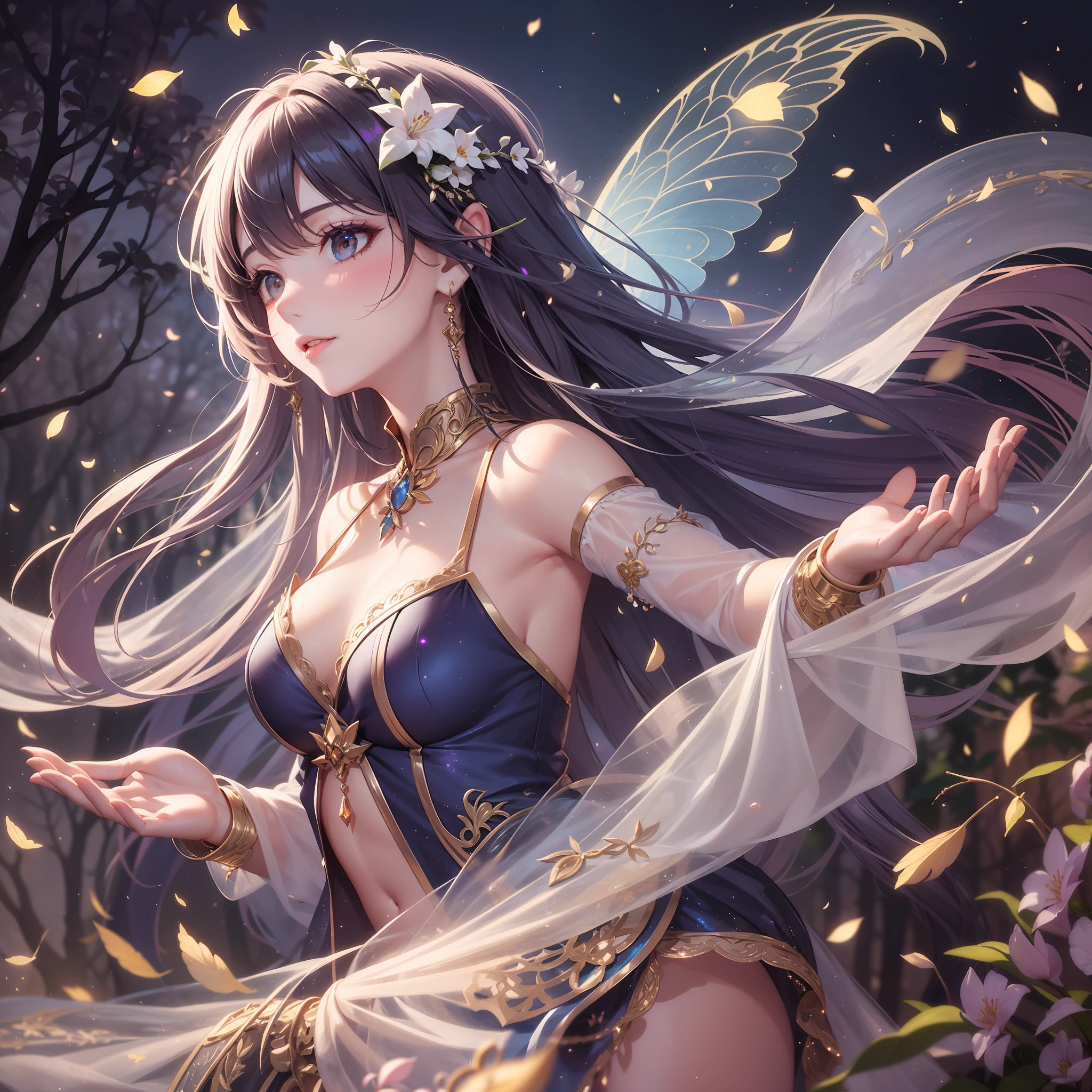 In a realm of enchantment, within a magical forest, a mystical fairy girl emerges, a radiant being adorned in gossamer threads of moonlight. Her dress, woven from petals and stardust, shimmers with an iridescent glow, reflecting the celestial canopy above. As she flutters amidst blossoming trees and twinkling fireflies, the air resonates with the ethereal symphony of nature's whispers, creating a realm where dreams and reality intertwine in a dance of pure enchantment.