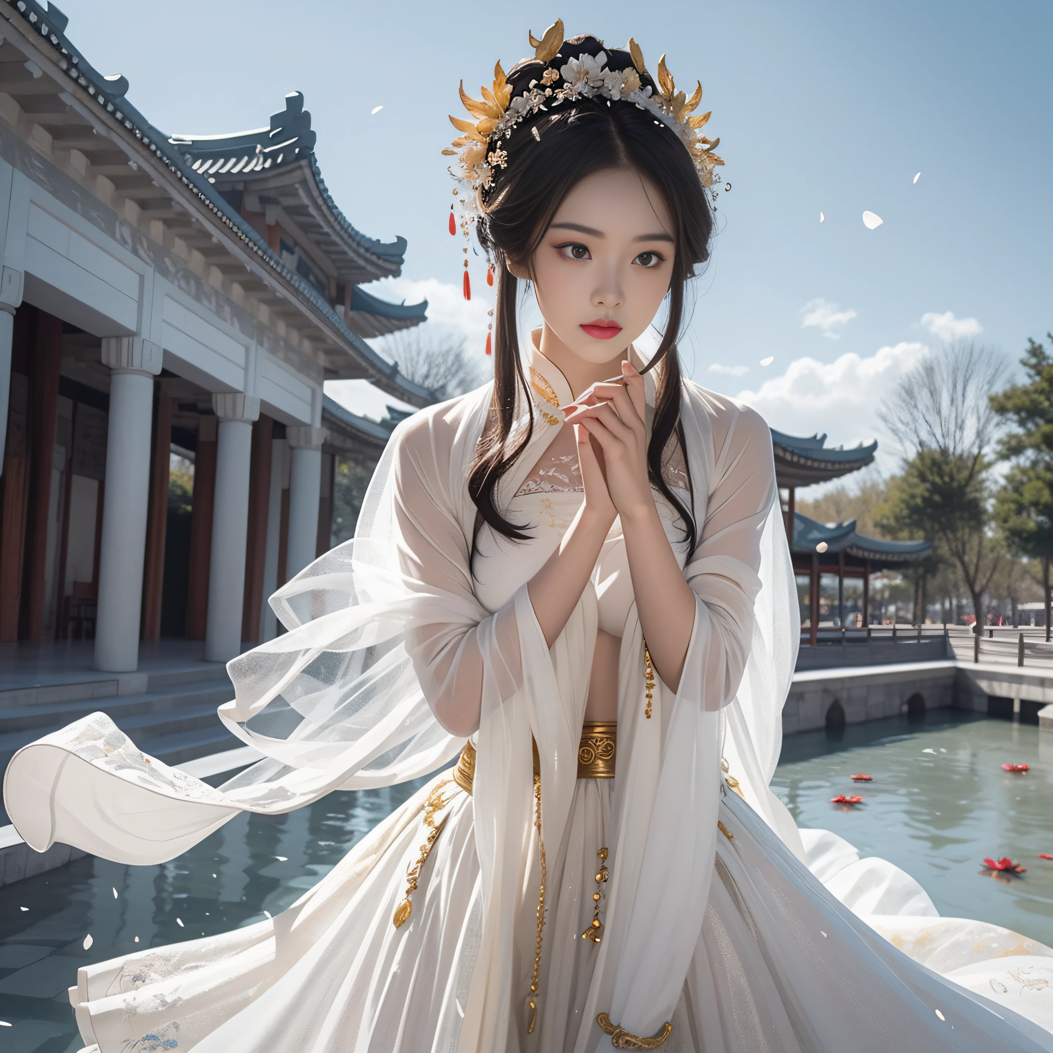 Gyeongbokgung，atlantean，Beautie，Yue Wang Gou Jian sword，martial，Aerocoagulation，Blow flowers，flying snow，Best quality, Master, high resolucion, Wuxia 1girl,Delicate sheer gauze garment，Delicate sheer gauze dress, Super beautiful face, super beautiful eye, Super beautiful hair Super beautiful face，Super beautiful eyes，Super beautiful hair，Cloud sideburns，Best quality, Master, high resolucion, Wuxia 1girl,Delicate sheer gauze garment，Untie wide clothes，Naked，Delicate sheer gauze dress, Super beautiful face, super beautiful eye, Super beautiful hair Super beautiful face，Super beautiful eyes，Super beautiful hair，Cloud sideburns，Golden sky，The floor is covered with gold bricks，Square gold bricks，The floor is as flat as a mirror，A pool of sands paved with sands，There are no walls，Colorful lotus，People in the sky，With five Buddha crowns，Golden sky，Golden Onyx，Golden marble，Golden architecture，A lotus flower as big as a wheel，Yellow，Red，Violet light，White light，blueglow，Golden canopy，A rain of petals fell from the sky，