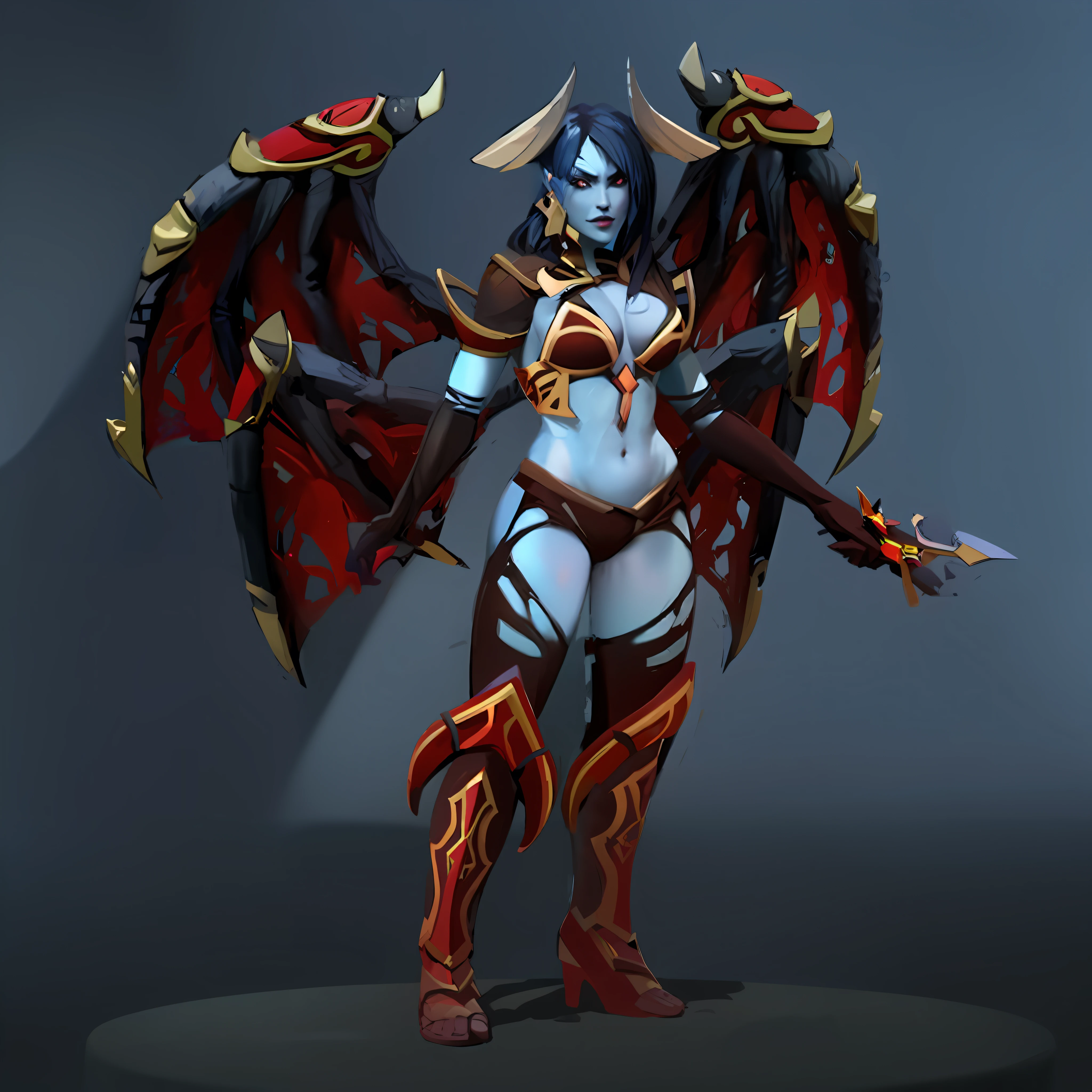 Una mujer con un traje rojo y negro sosteniendo una espada, Personaje de Dota, dark demonic dancer, Hechicera Oscura Vista completa, pintado en el estilo arcano, Arte conceptual de Dota 2, hero from dota 2, Mujer diablo de cuerpo completo, female lord of change, succubus, demon armor, Ganador del concurso Polycount, succubus | medieval, Beautiful succubus