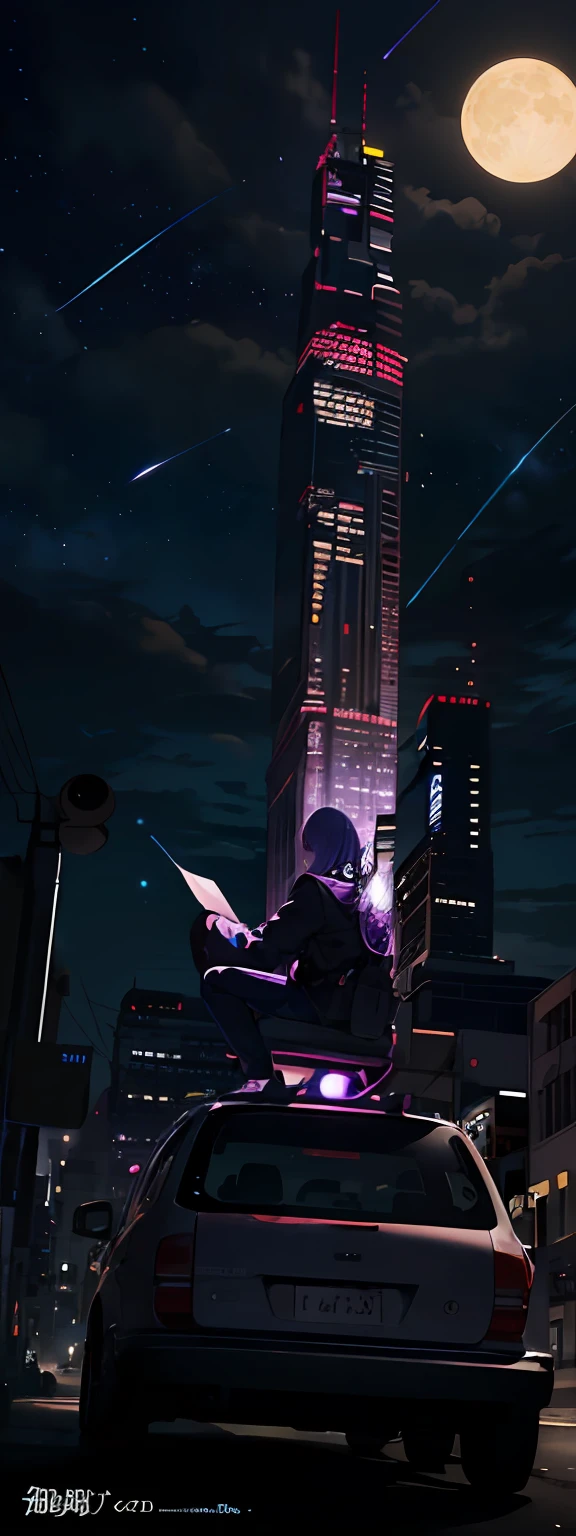 cyberpunked、Vast landscape photos、（View from below with a view of the sky and the city below）、Girl sitting on top of car and looking up、（fullmoon：1.2）、（shooting stars：0.9）、（nebular：1.3）、（Lumiere：1.1）Buildings in the distance、Neon BREAK Production Art、(Warm color Light Source:1.2)、Purple and white and blue、and intricate detailing、Volume Lighting、Realism BREAK (巨作:1.2)、(最好质量)、8k、Ultra-Details、(The composition of the movement:1.4)、Very detailed and colorful details、(Iridescent colors:1.2)、(glowing lighting、Atmospheric lighting)、dream-like、Magical、(独奏:1.2)