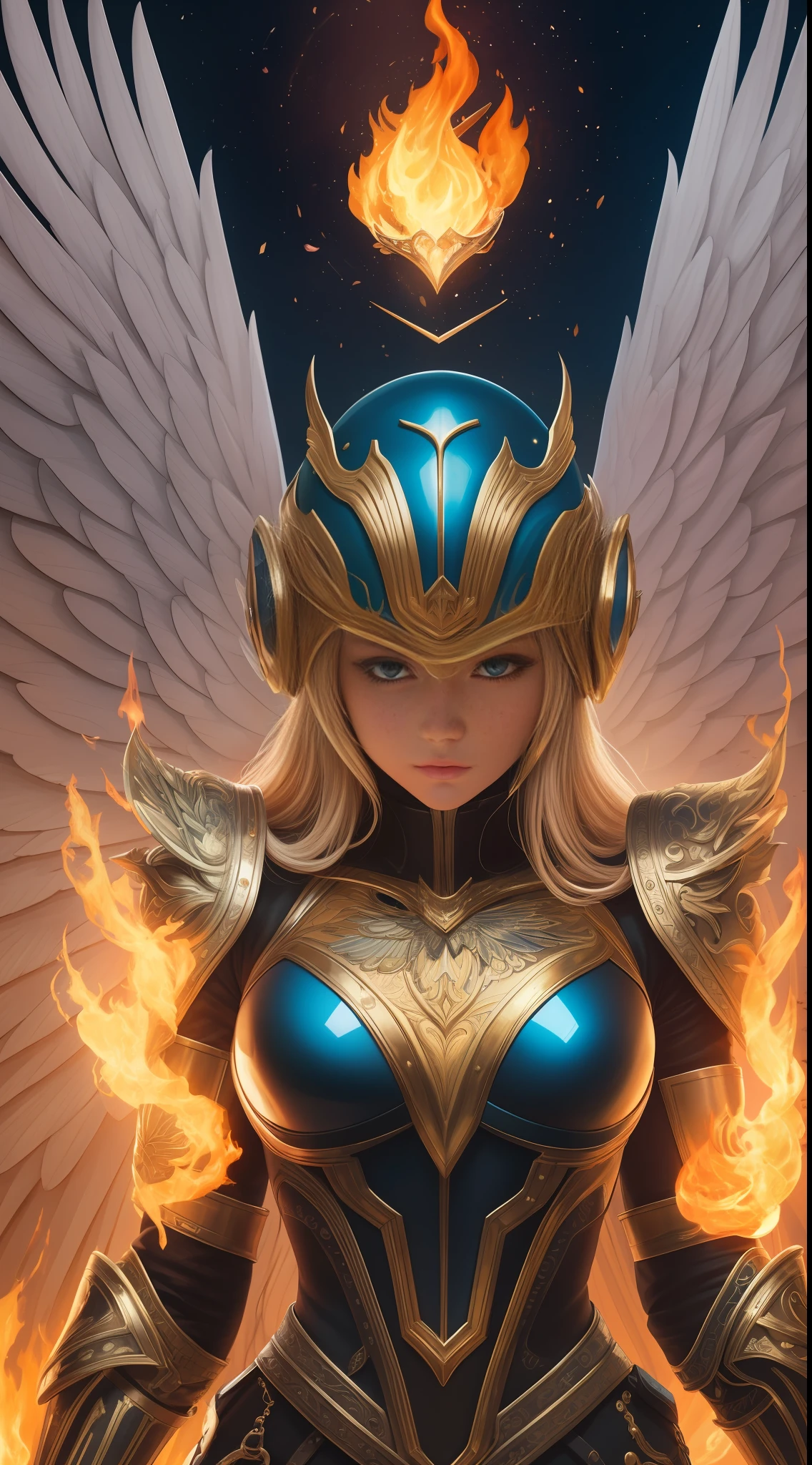 masterpaintings， the best quality， hightquality， （A futuristic：1.1）， cinematiclight， （Exquisite future）， Beautiful and beautiful， superdetailed， great composition， floatking， depth of ﬁeld， Cowboy photography，（Very detailed CG，Unity 8k wallpaper）， （Beautiful detail background），1Mech Angel，glowing fire eyes,Perfectly symmetrical wings，Damascus Titanium pattern and sterling silver pleats，Rose quartz color matching helmet， Beautiful hair details，insanely detailed and intricate, hypermaximalist, elegant, opulent, Ultra photo realsisim, Super detailed，