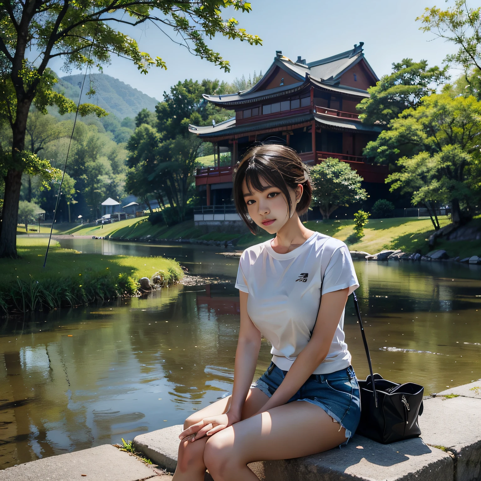Girl Huge breasts，Short hair，white  clothes，white short sleeve，white t shirt，black short shorts，Sit on the side of the road，By the pond，fishing rod，Fishing，Fishing，Lateral face，siluette，road，willowy，Modern house，Chinese architecture，Beautiful picture，super detaill，masterpaintings，optimal quality