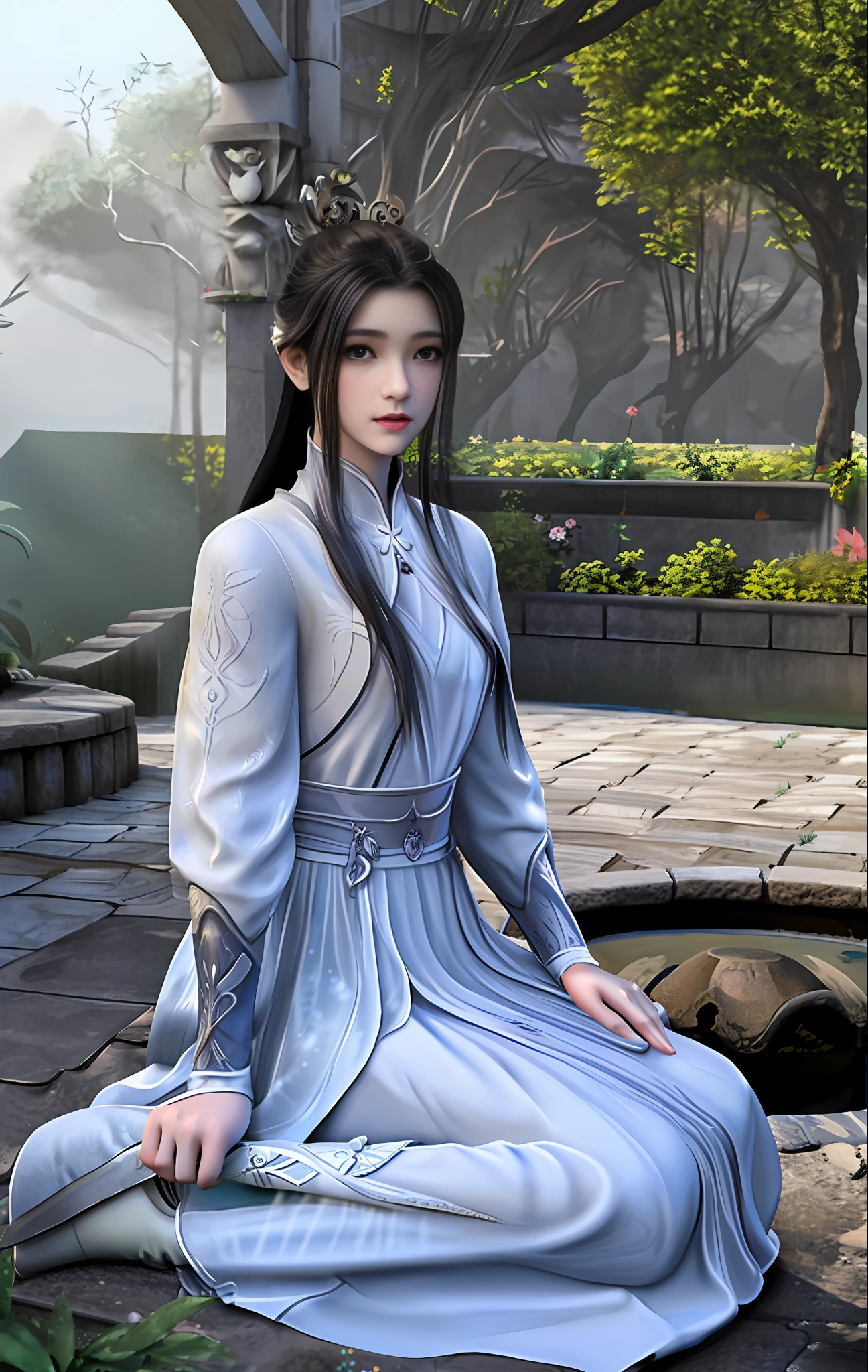 (巨作), High picture quality, faerie, Antique painting style, Sit on your knees, A white dress, Beautiful face, Garland embellishment, Gentle mist,Tranquil water, Next to the ancient well, Light makeup, warmtones, Engraved details, exquisite texture.