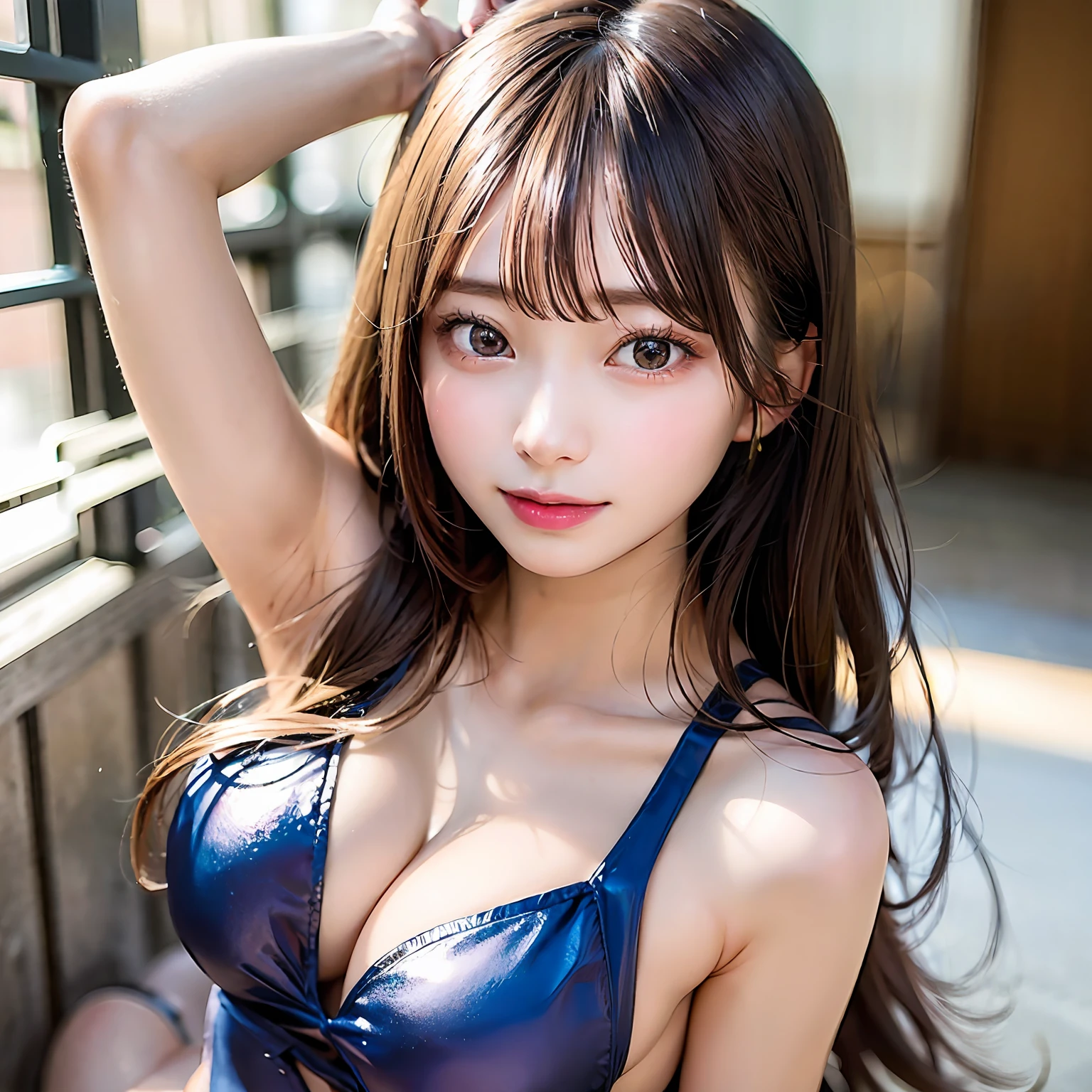 there is a woman in a blue swimsuit posing for a picture, seductive anime girl, wearing leotard, cute girl wearing tank suit, ultrarealistic sweet bunny girl, realistic young gravure idol, pretty face with arms and legs, japanese goddess, sexy girl, photo of slim girl model, beautiful asian girl, photorealistic perfect body, japanese model, tight attire