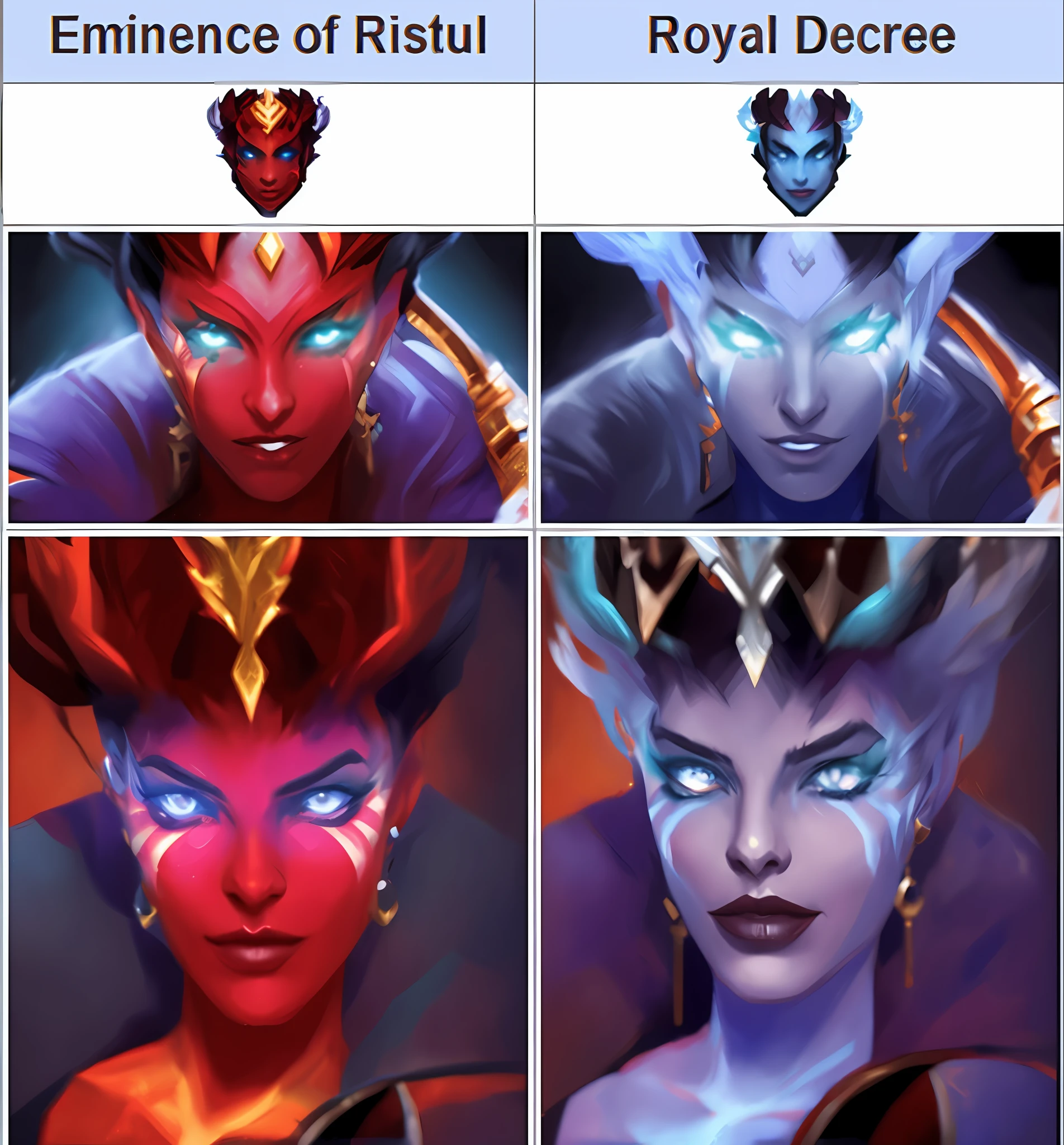 a close up of four different pictures of a woman with different makeup, Rostro regio y amenazante, Estilo de Duelyst, Estilo de League of Legends, Personaje de Dota, Artefacto dota2, rossdraws global illumination, facial-symmetry, colores vivos de las brasas, Estilo de color de Hearthstone, symmetric concept art, azul o rojo, symmetrical face concept art, Retrato de maestros del Renacimiento