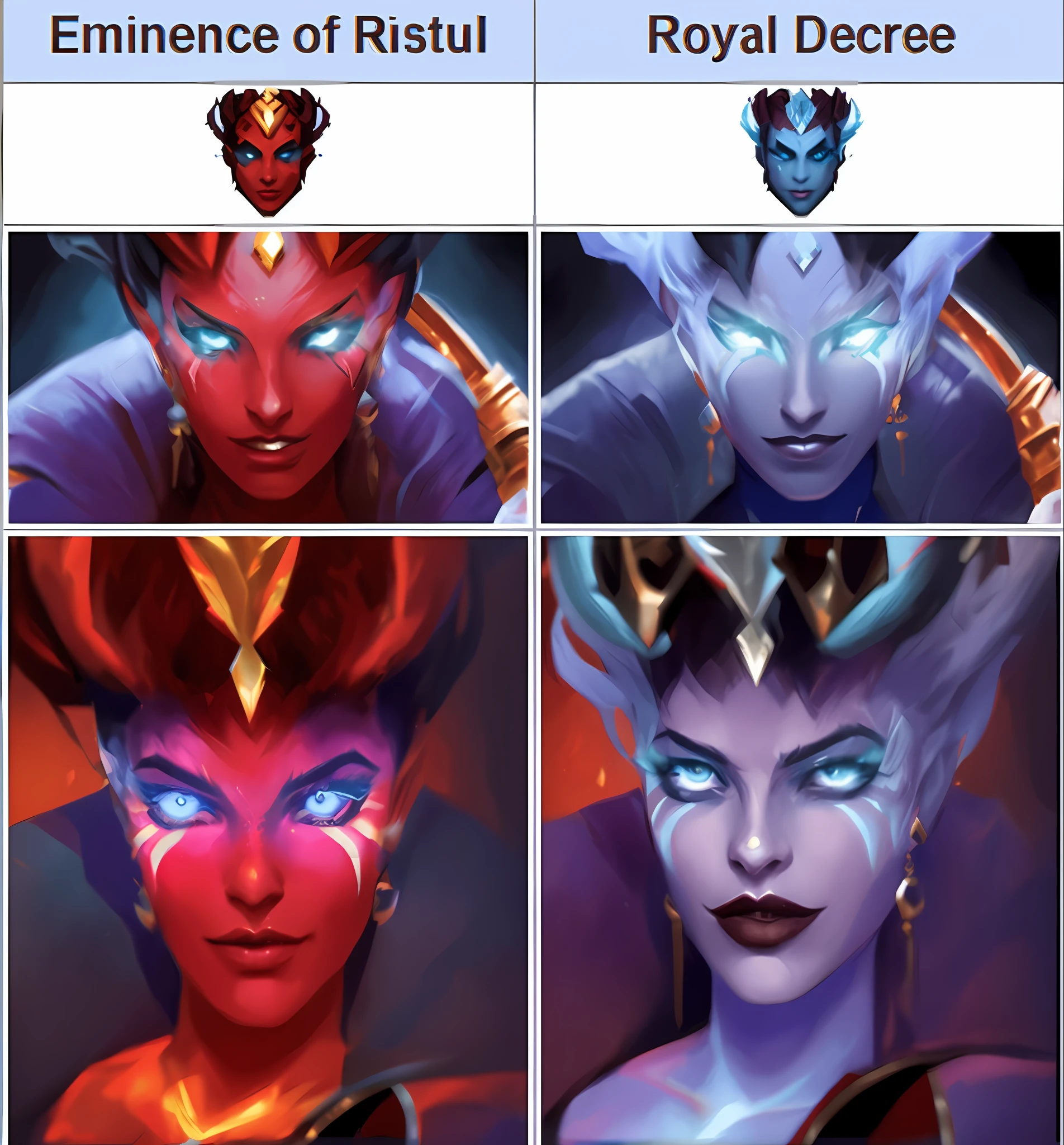 a close up of four different pictures of a woman with different makeup, Rostro regio y amenazante, Estilo de Duelyst, Estilo de League of Legends, Personaje de Dota, Artefacto dota2, rossdraws global illumination, facial-symmetry, colores vivos de las brasas, Estilo de color de Hearthstone, symmetric concept art, azul o rojo, symmetrical face concept art, Retrato de maestros del Renacimiento
