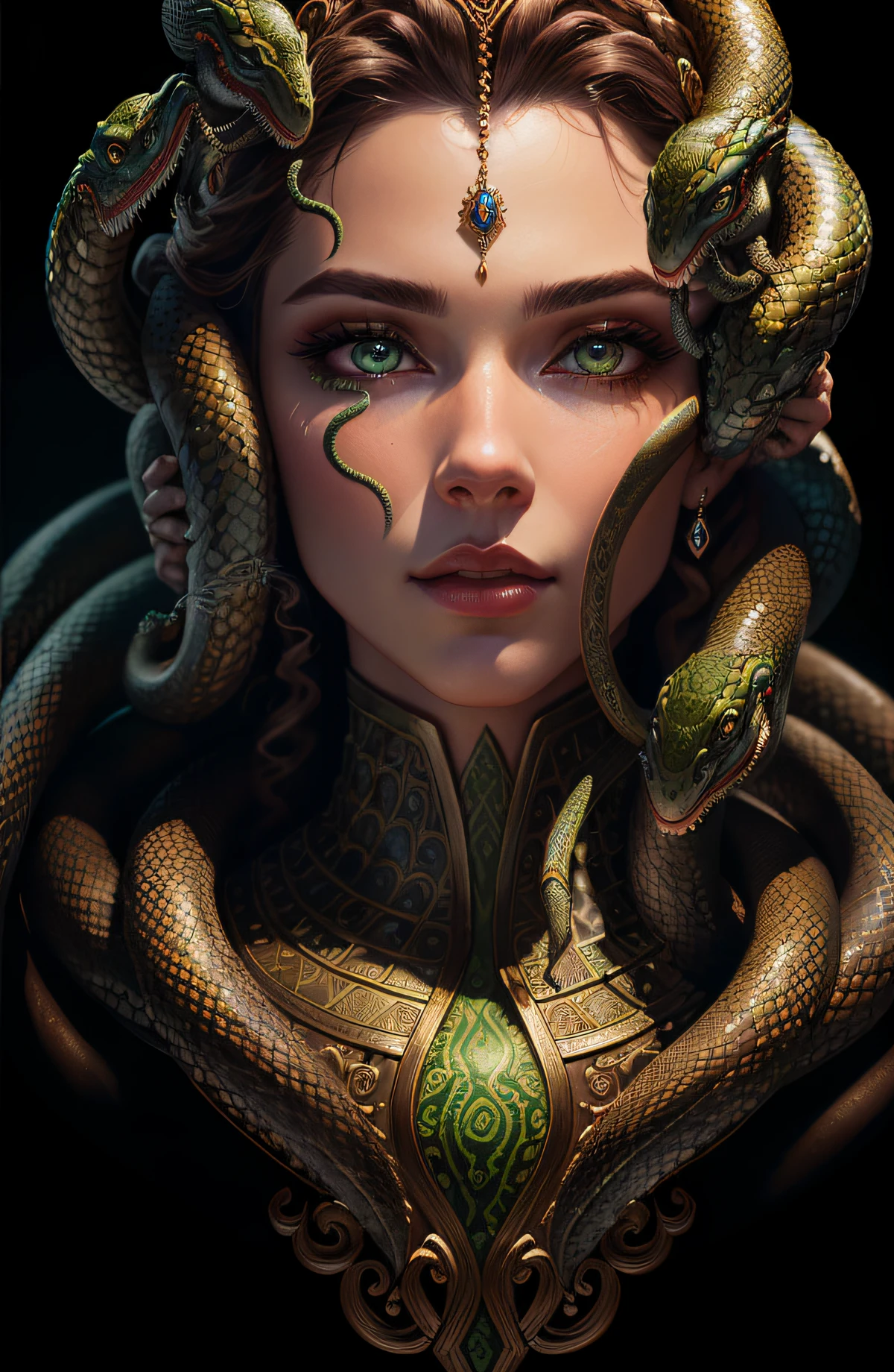 a close up of a woman with a snake on her head, queen of snakes, snake woman hybrid, snake woman, snake-face lady, her many snakes as hair, beautiful female gorgon, dark queen of snakes, Fantasy art Behance, snake-face female guard, Epic fantasy art portrait, artgerm julie bell beeple, cgsociety portrait