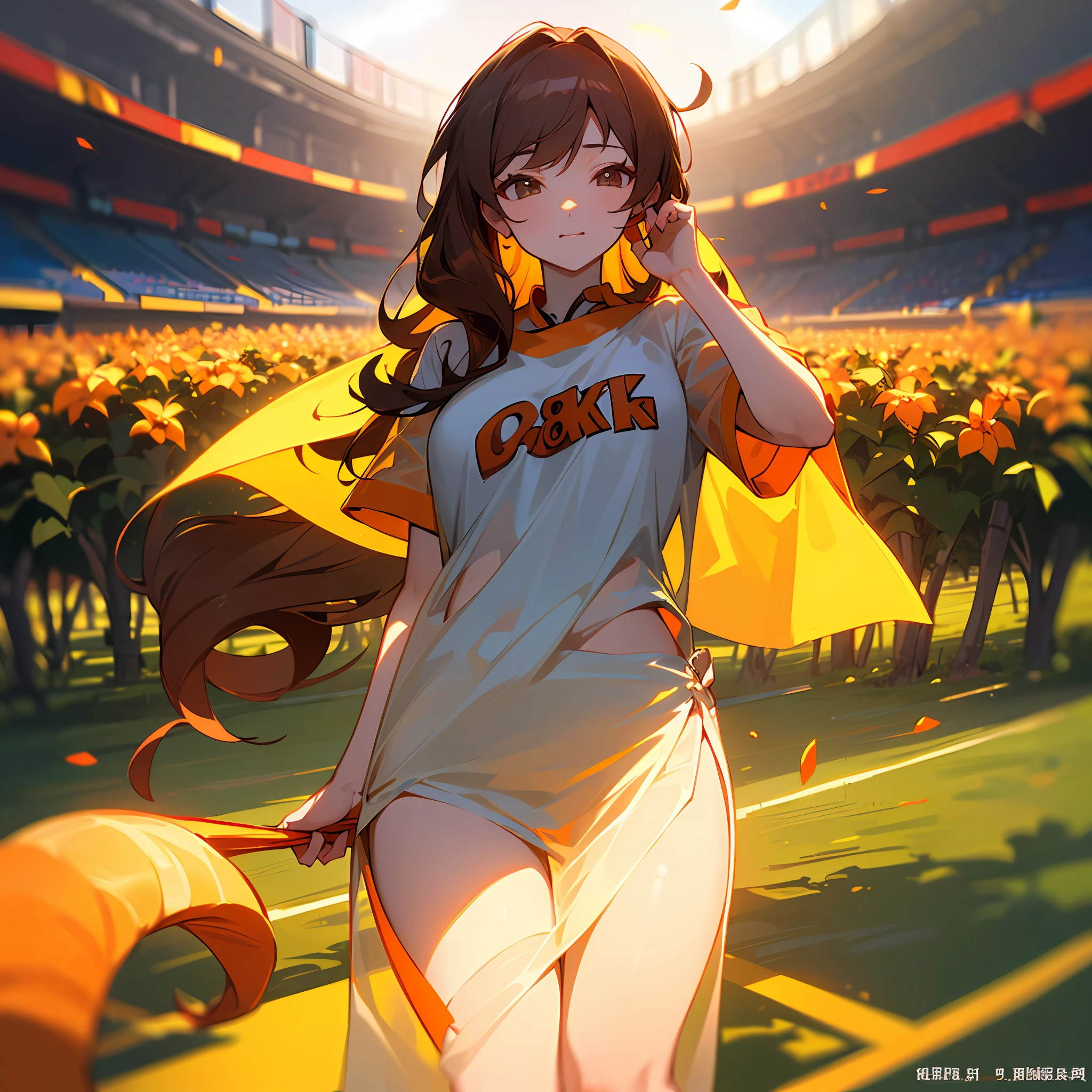 ((最好质量、8K、巨作:1.3))、only girl、Brown hair、See-through banks、hair wavy、length hair、Tall、Orange T-shirt、Bright sunshine、tight skirts、double peace、summer、baseball field
